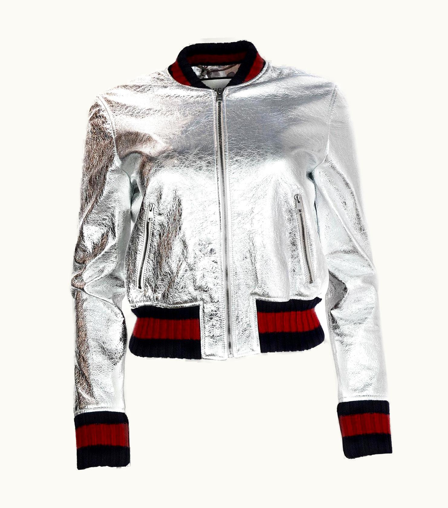 Gucci Gucci 2016 Resort Runway Silver Crackled Leather Bomber Jacket W. Web