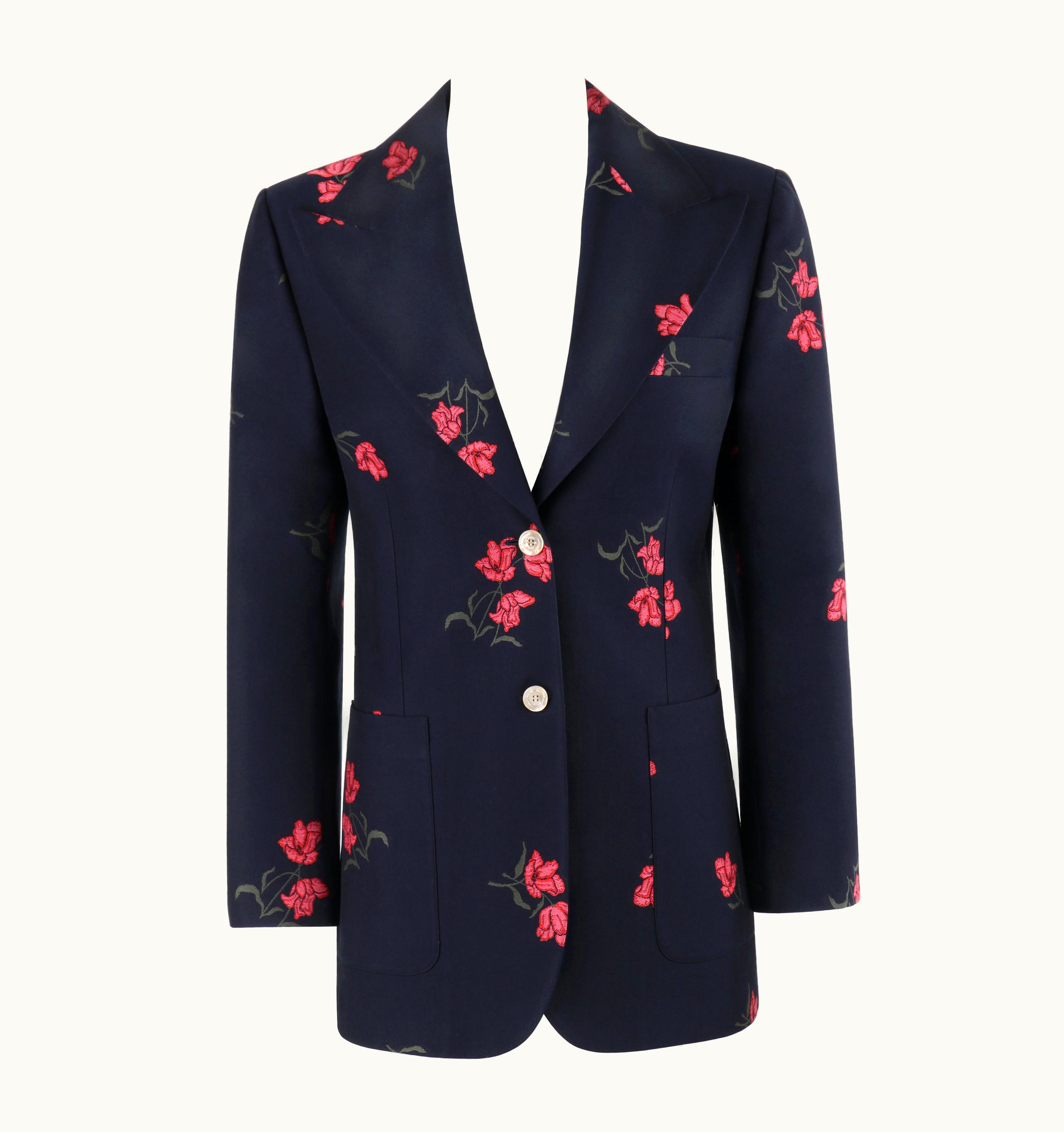 Gucci Gucci S/S 2017 Blue Green Pink Floral Wool Pointed Collar Blazer Jacket