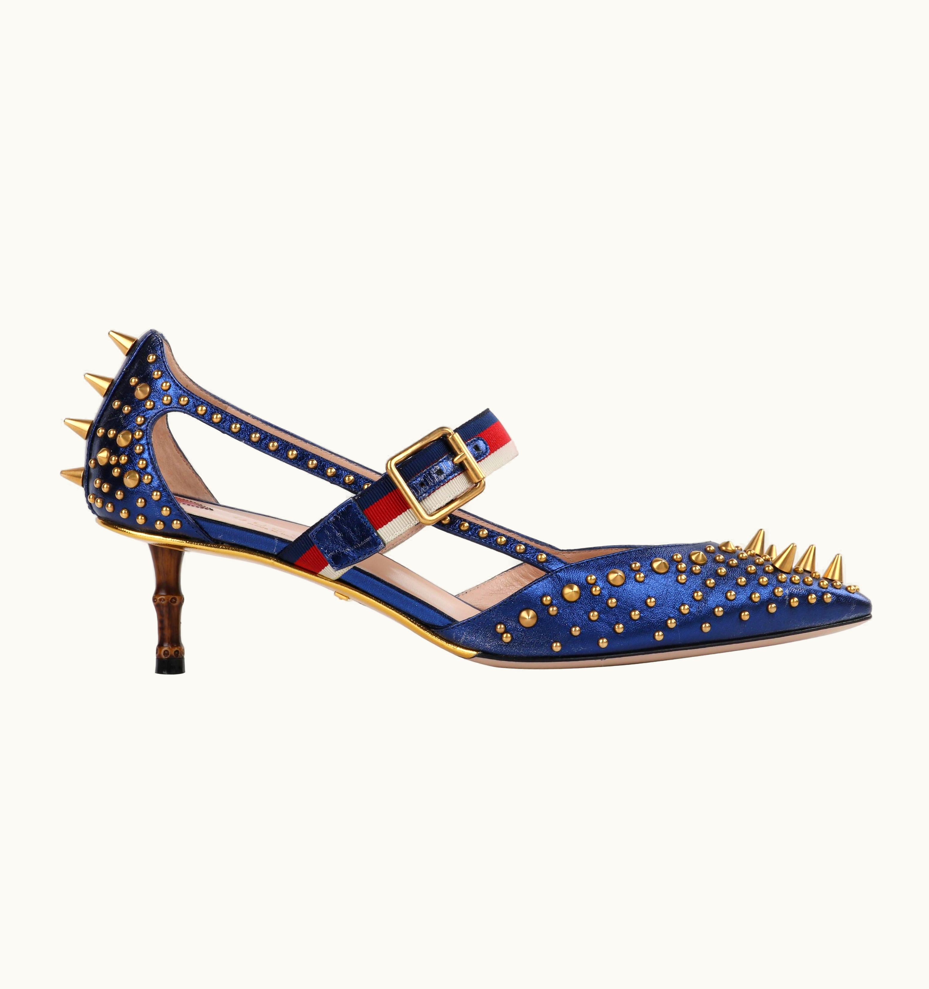 Gucci Gucci Resort 2017 "Unia" Metallic Blue Leather Gold Spike Stud Kitten Heel Pumps