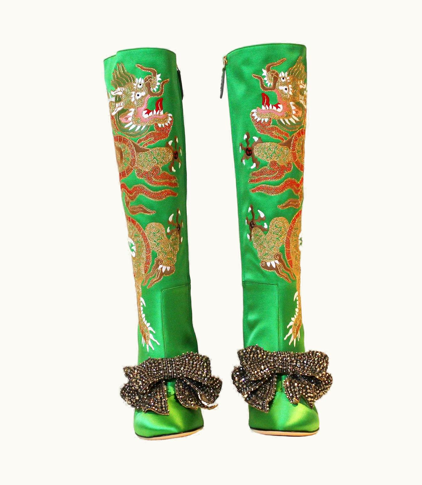 Gucci Gucci Green Satin Knee Boots With Dragon Embroidery 2017