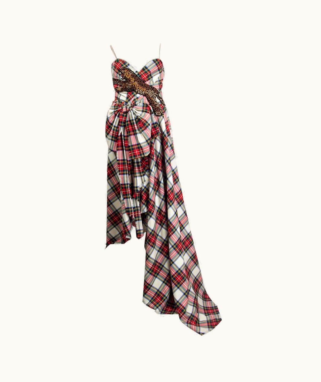Gucci Gucci Red Wool Leopard Applique Tartan Gown Dress