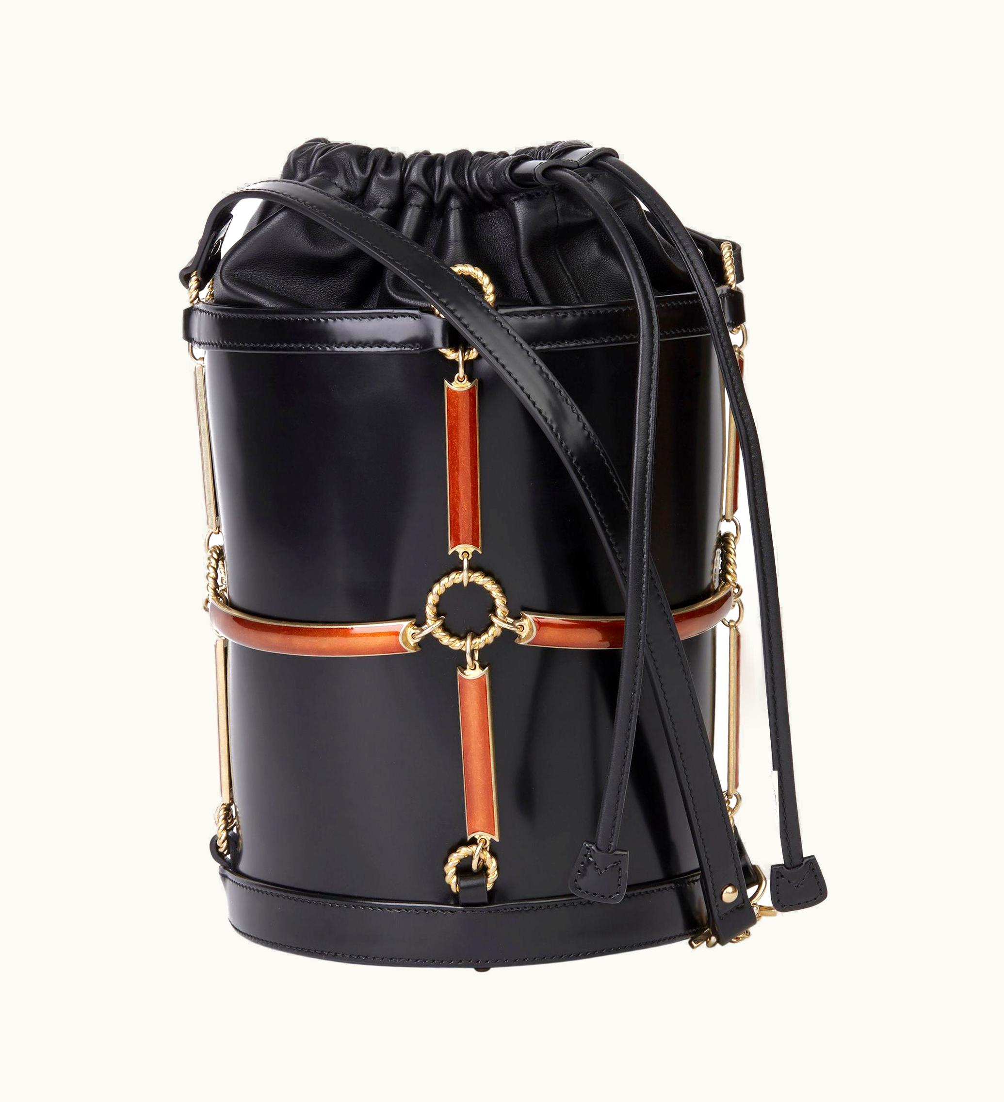 Gucci 2018 Gucci Black Vinyl, Lambskin & Rust Enamel Bucket Bag