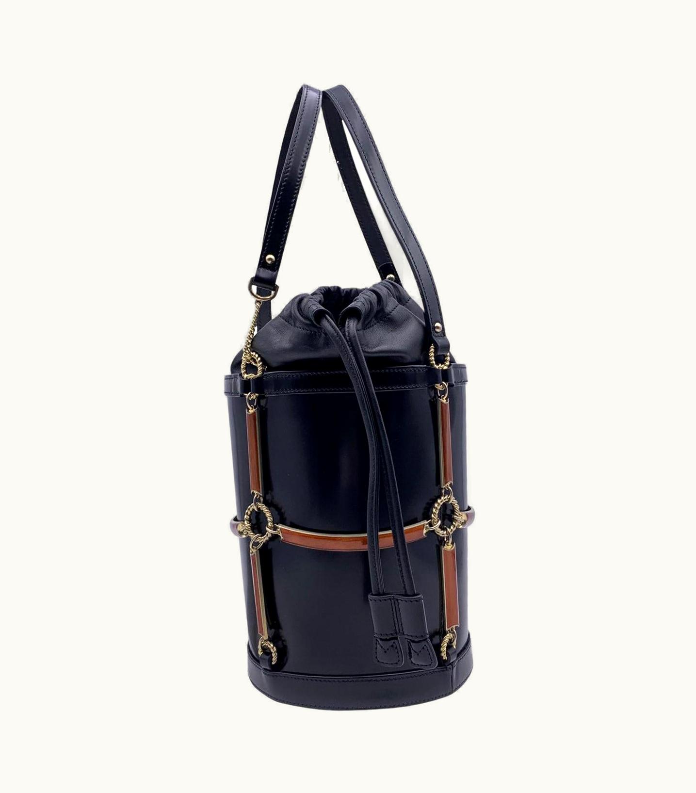 Gucci Gucci Enamel Cage Mini Bucket Bag Handbag Black