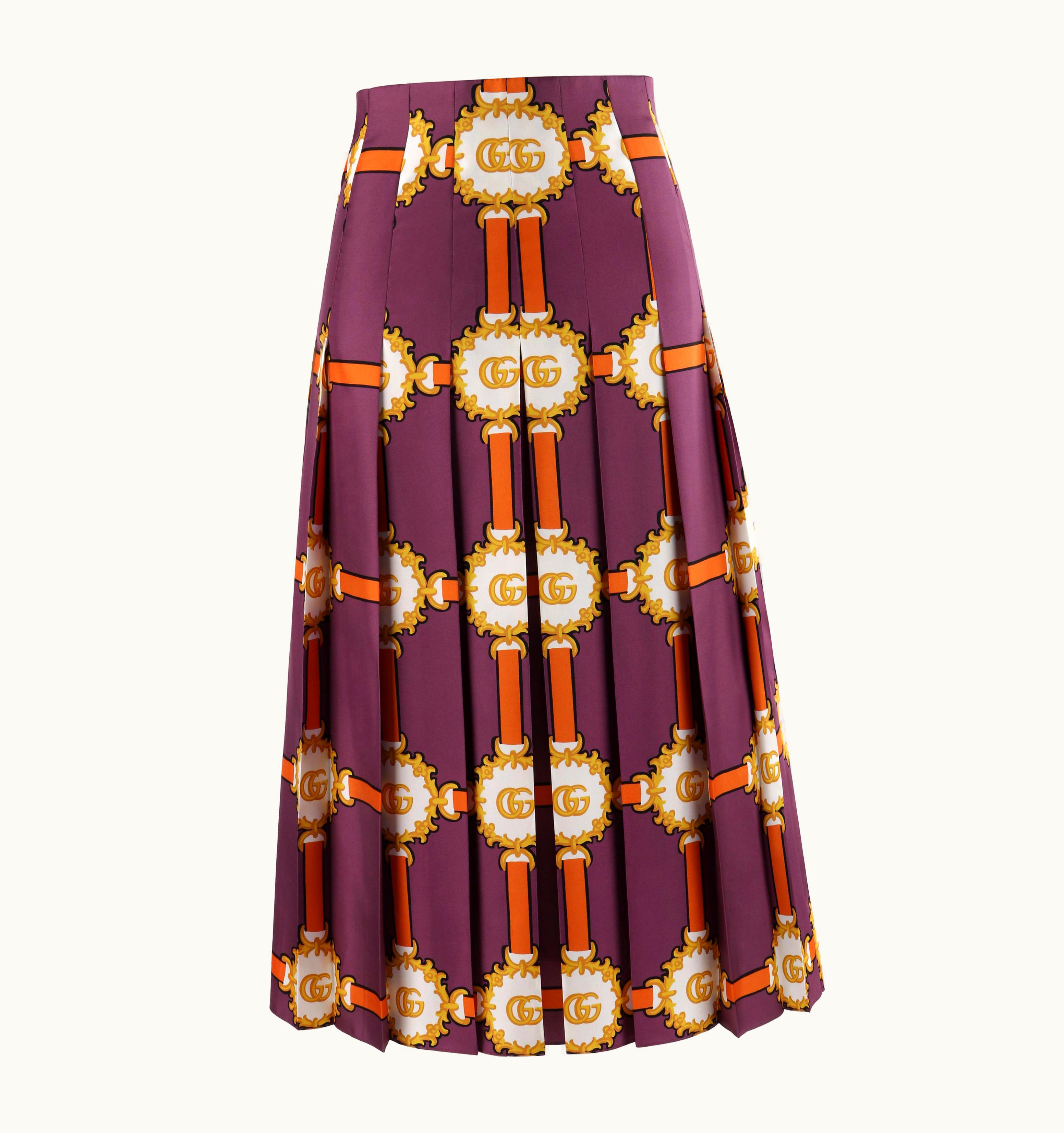 Gucci Gucci C.2019 Purple Gold Marmont Gg Doubloon Harness Silk Pleated Skirt