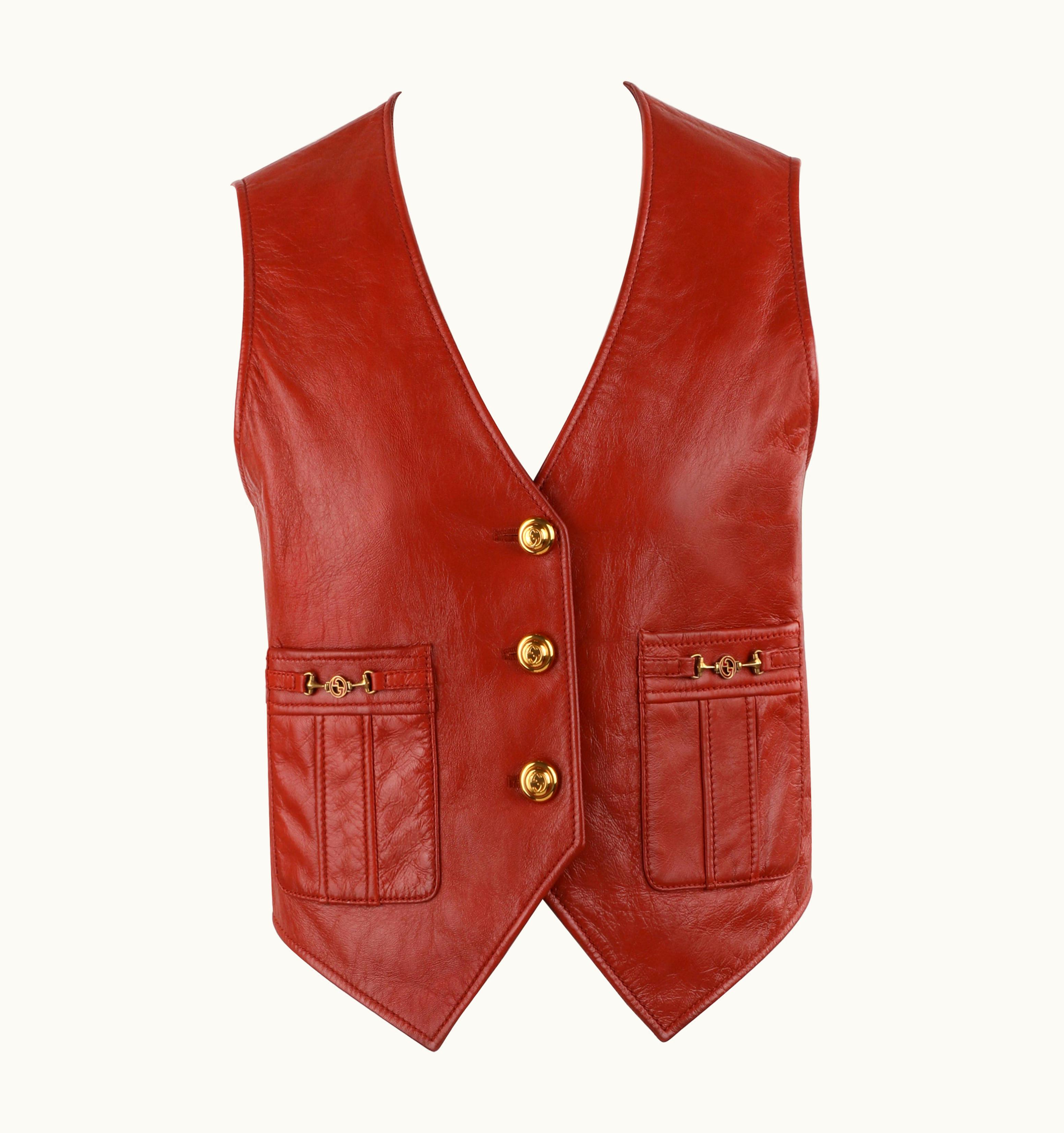 Gucci Gucci Pre-Fall 2019 Brown Leather Gold Button Pocket Sleeveless Waistcoat Vest