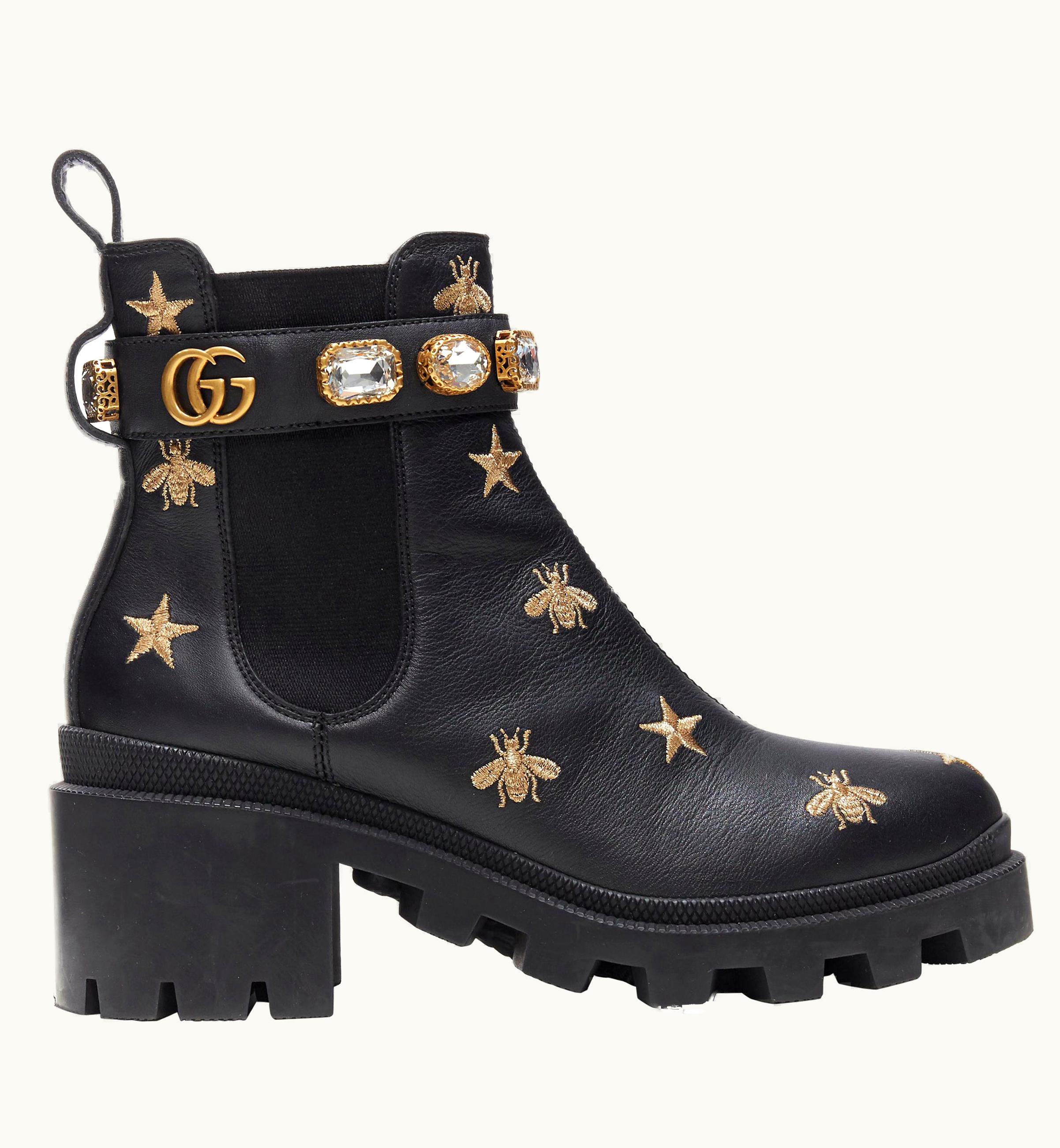 Gucci Gucci 2020 Crystal Bee Gold Embroidered Jewel Crystal Strap Lug Sole Boot
