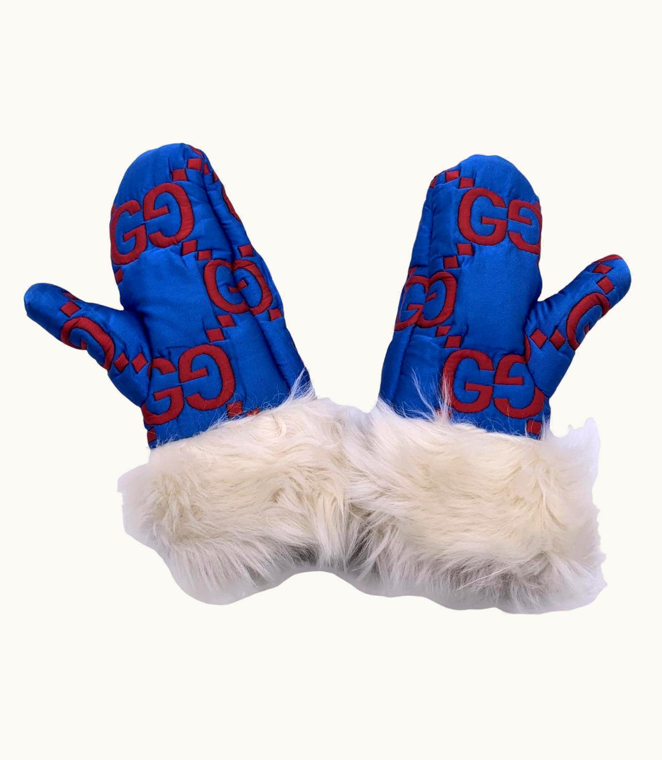 Gucci Gucci Blue And Red Monogram Ski Gloves Shearling Trim