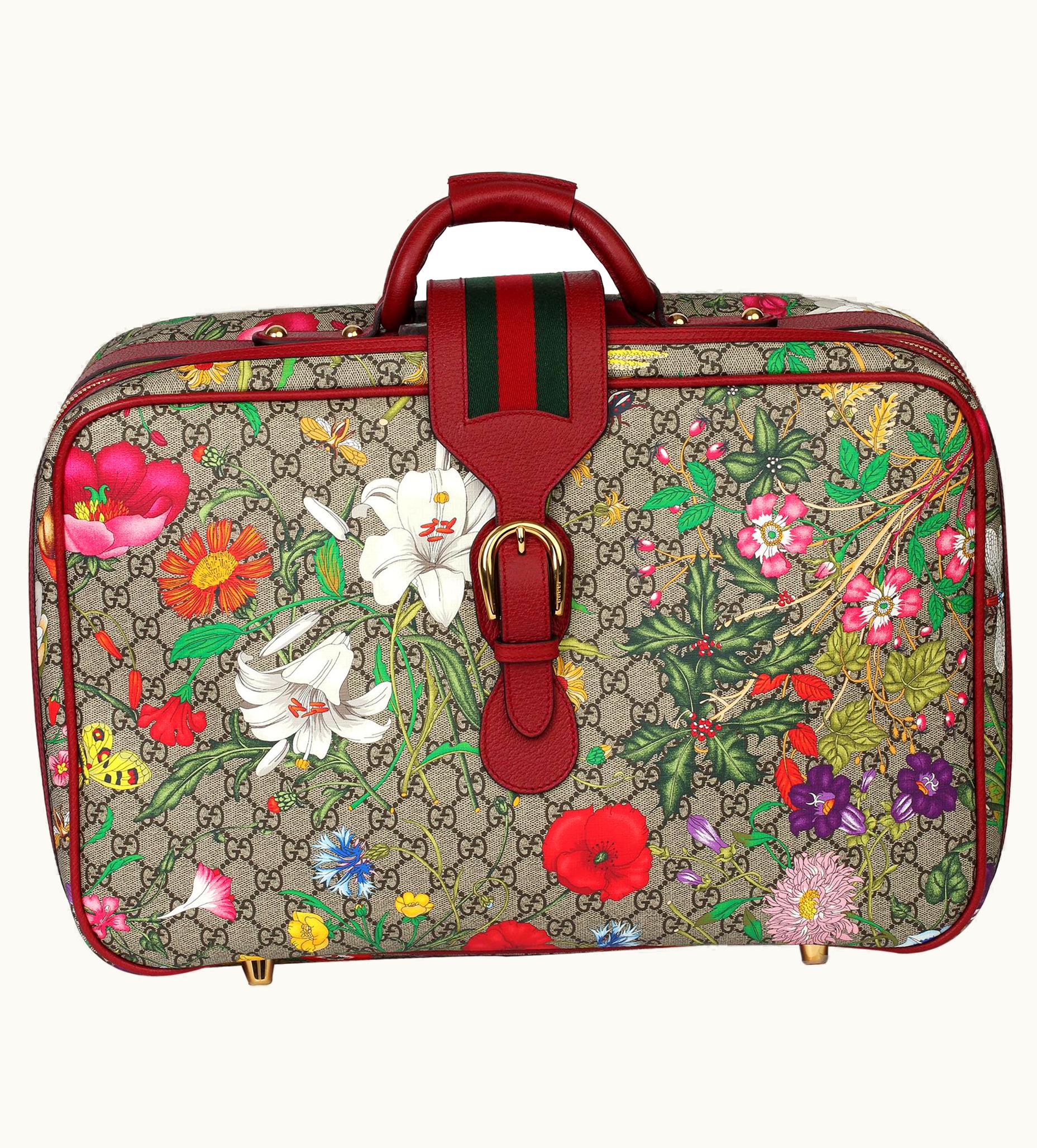 Gucci 2021 Gucci Gg Flora Coated Canvas & Red Pigskin Leather Suitcase