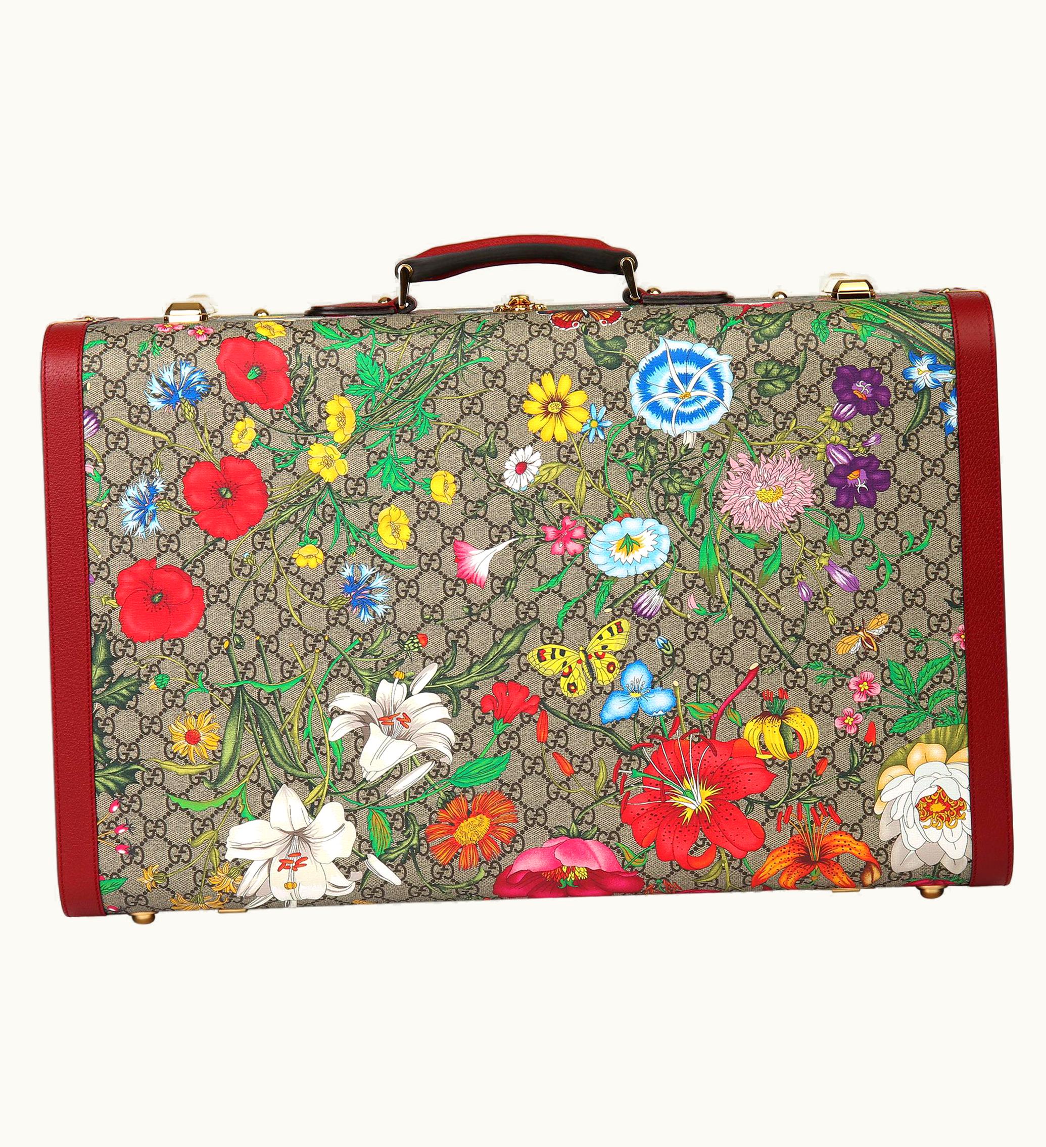 Gucci 2021 Gucci Gg Flora Coated Canvas & Red Pigskin Leather Suitcase Trunk