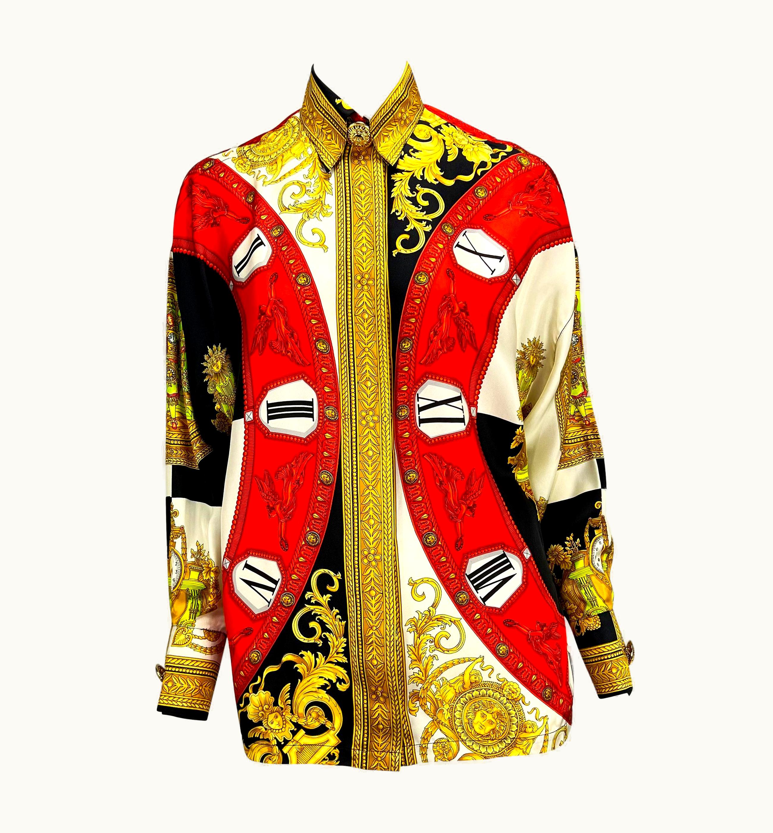 Gianni Versace Couture S/S 1993 Gianni Versace Couture Medusa Silk Baroque Horology Print Button Top