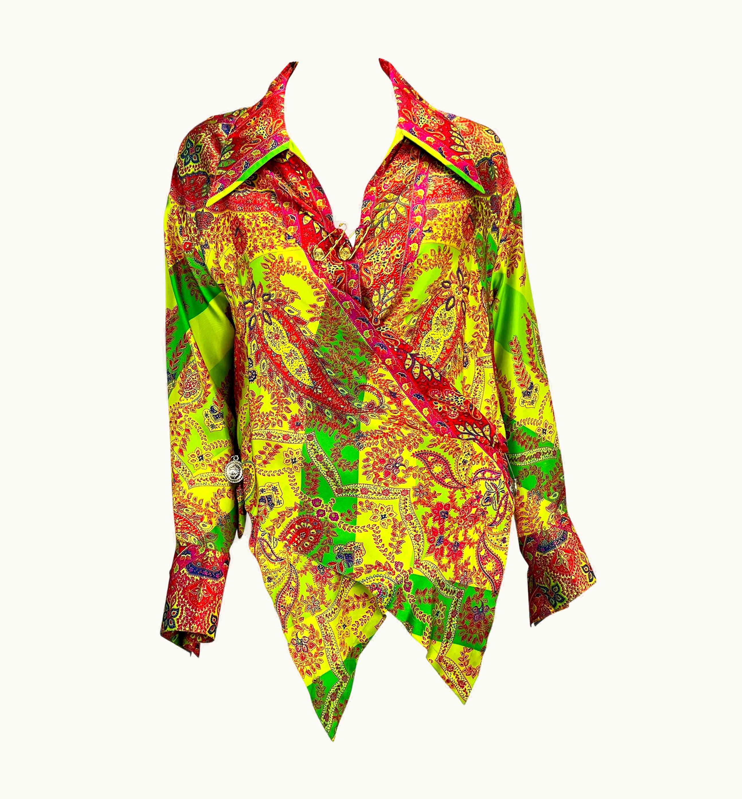 Gianni Versace Couture S/S 1994 Gianni Versace Couture Green Safety Pin Medusa Silk Paisley Wrap Top