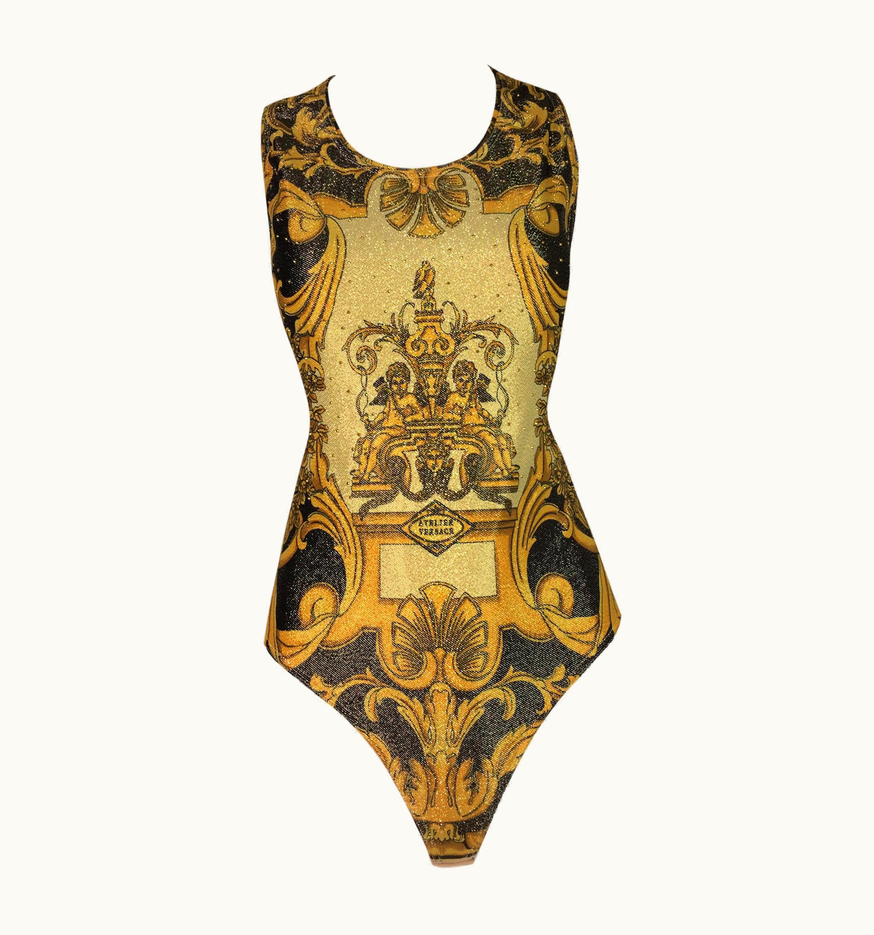 Gianni Versace Couture Vintage 1992 Gianni Versace Atelier Print Gold Studded Bodysuit Top