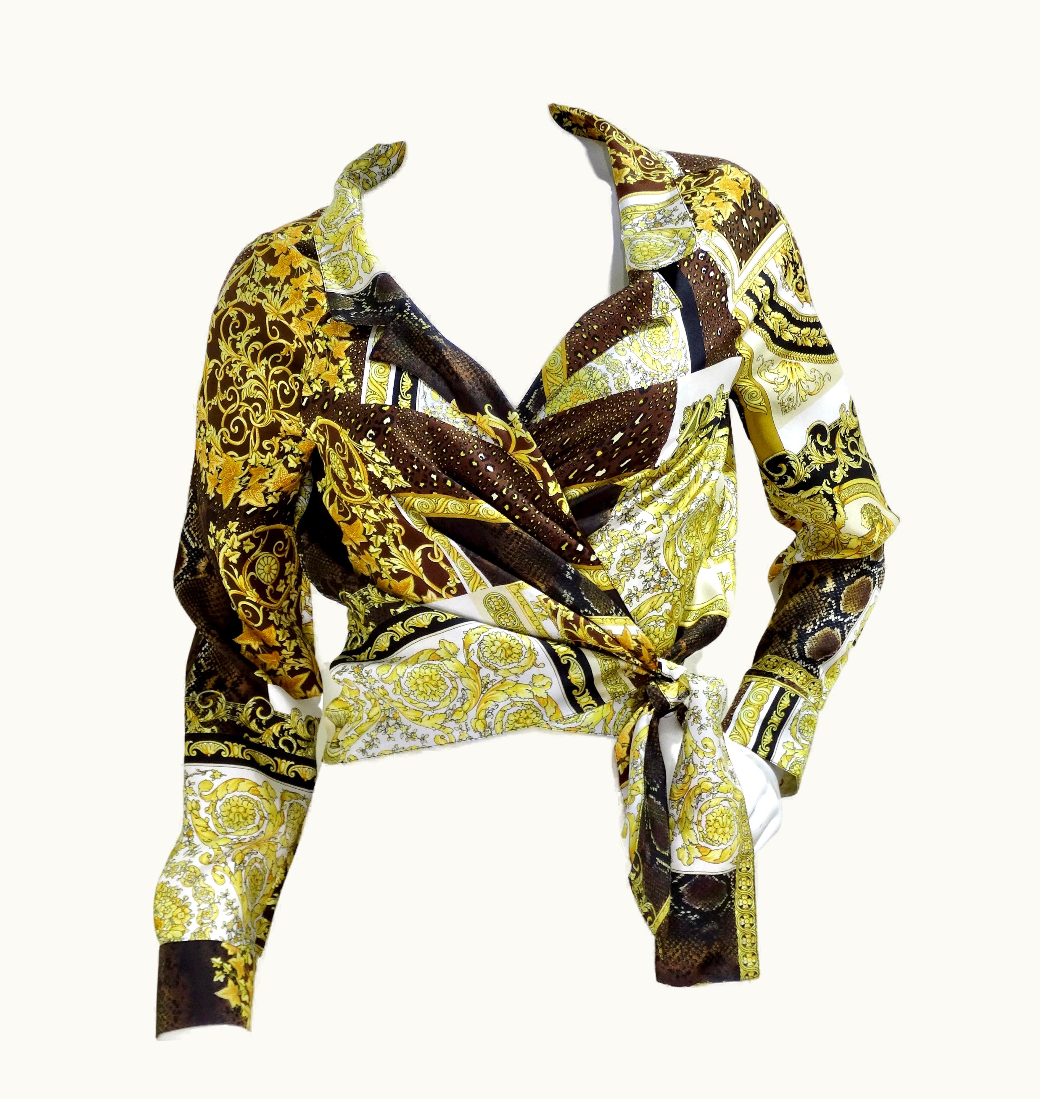 Versace Versace 2021 Mosaic Barocco Print Silk Wrap Top