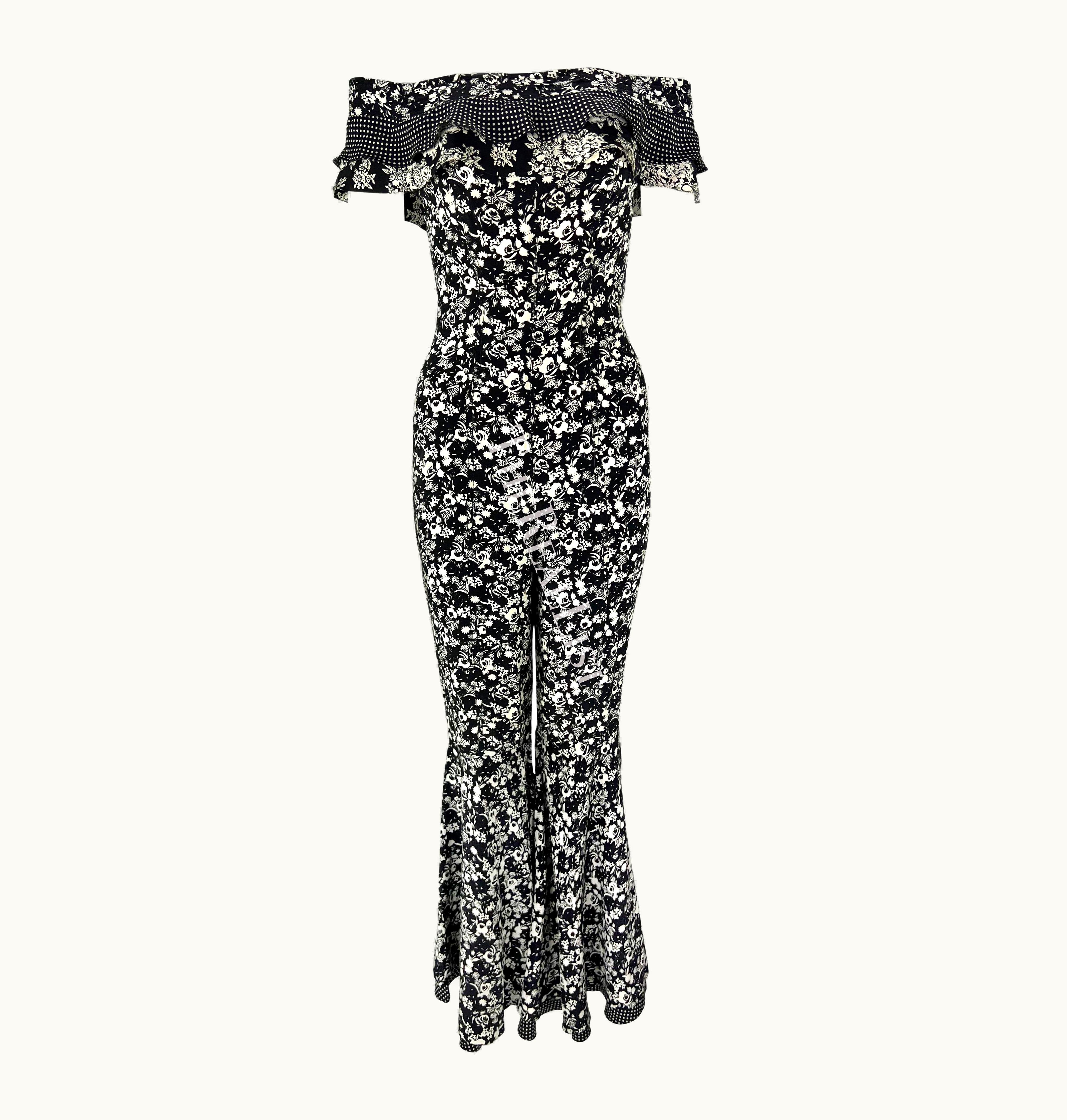 Gianni Versace Couture S/S 1993 Gianni Versace Black White Floral Flared Bell-Bottom Catsuit