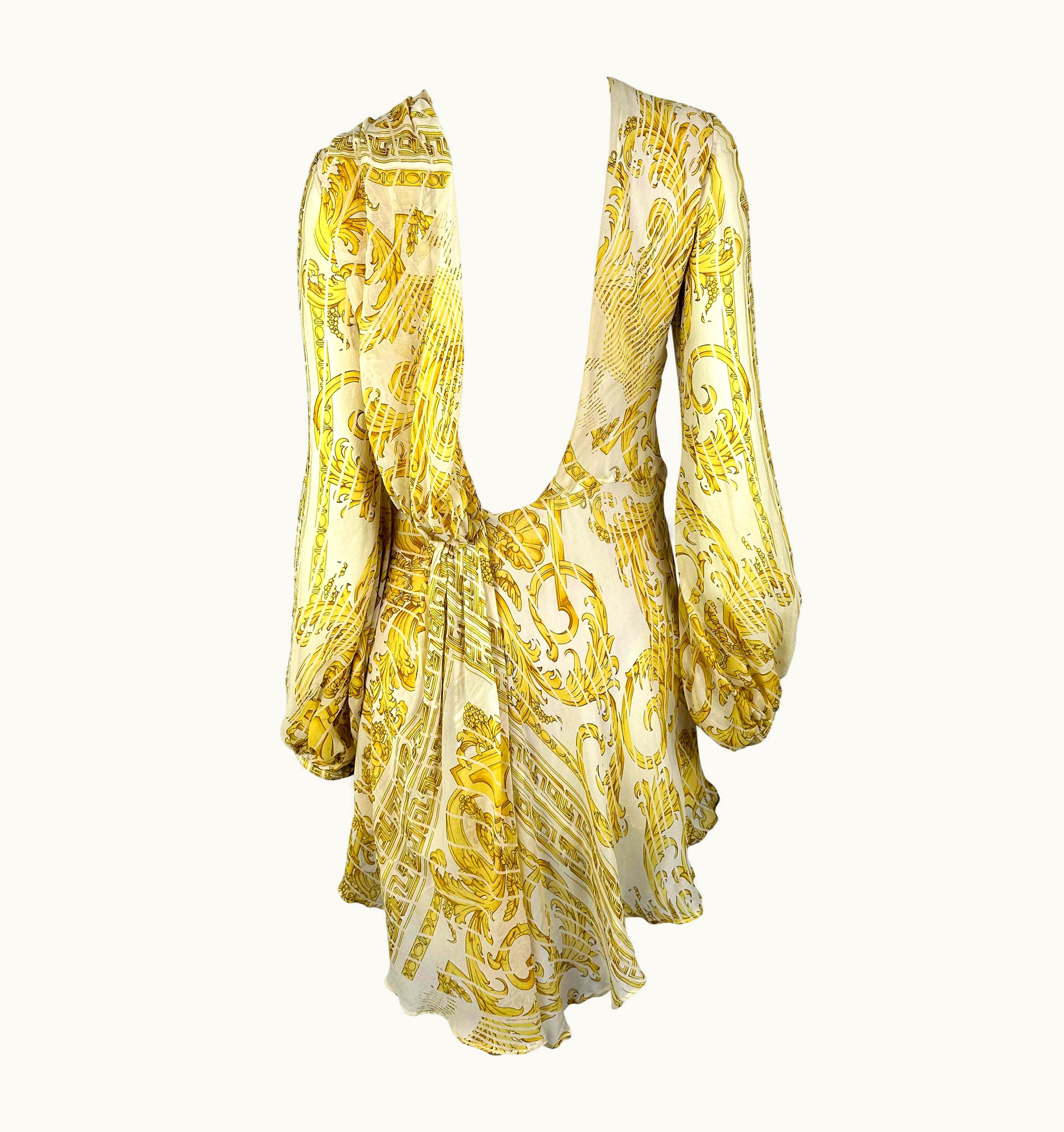 Gianni Versace Couture S/S 2001 Gianni Versace By Donatella White Chiffon Baroque Backless Mini Dress