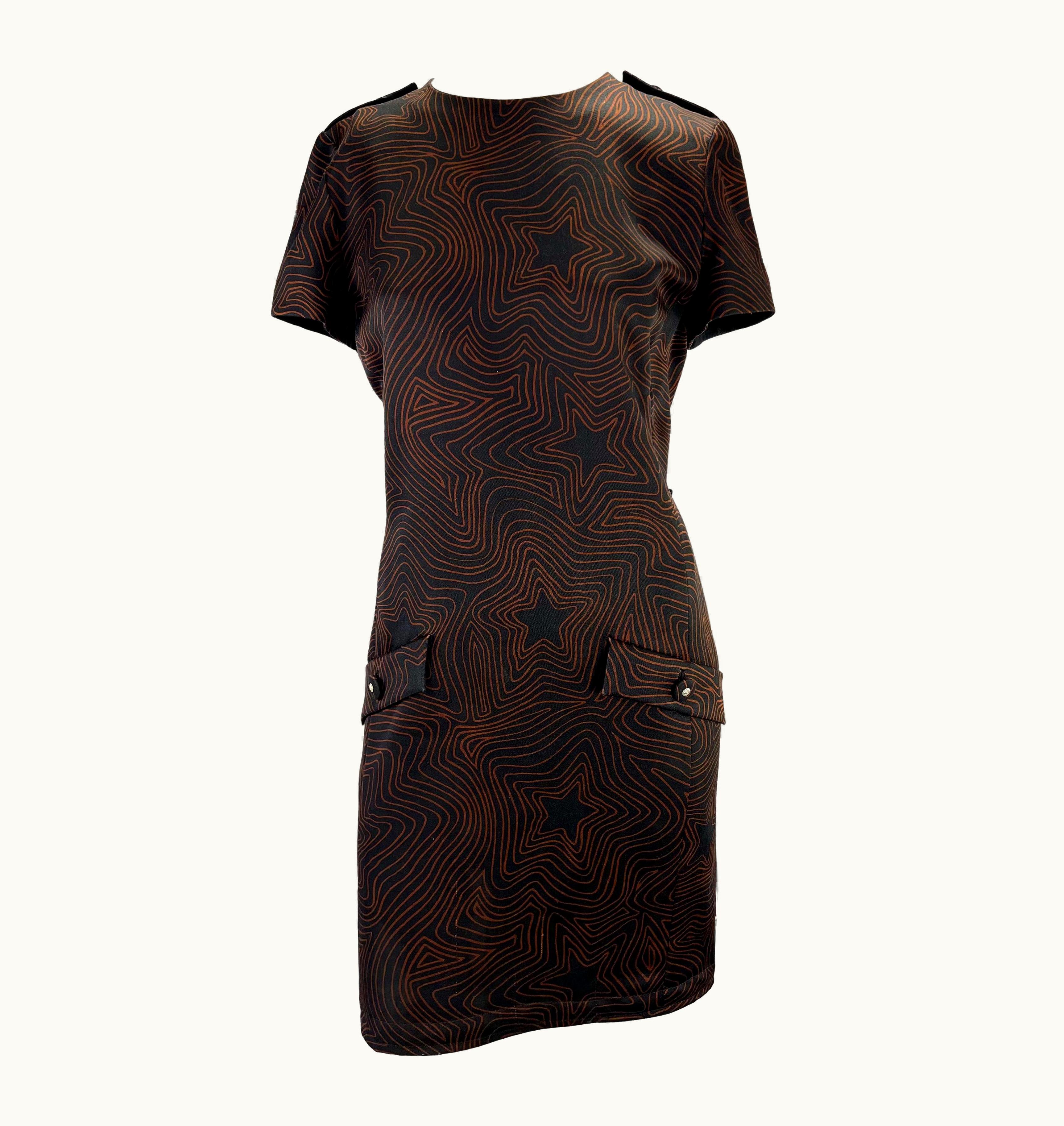 Gianni Versace Couture S/S 1996 Gianni Versace Couture Black Brown Star Print Medusa Wool Dress