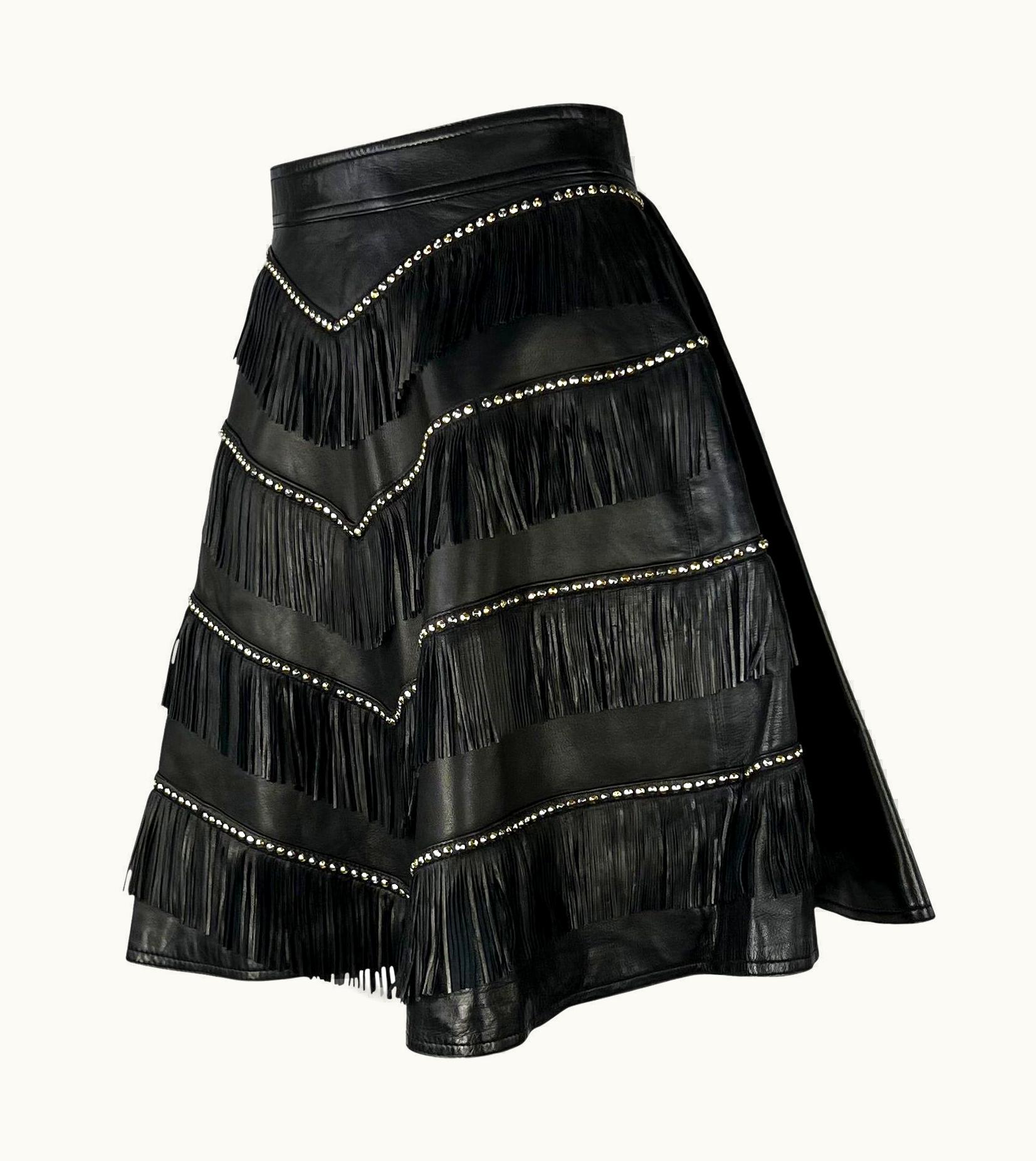 Gianni Versace Couture AW 1992 Gianni Versace 'Miss &m' Studded Leather Fringe Bondage A-Line Skirt