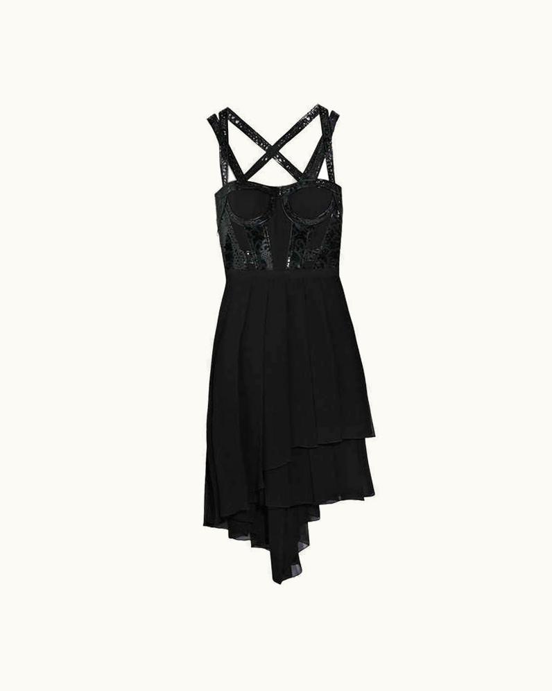 Versace Black Leather Trimmed Mini Dress