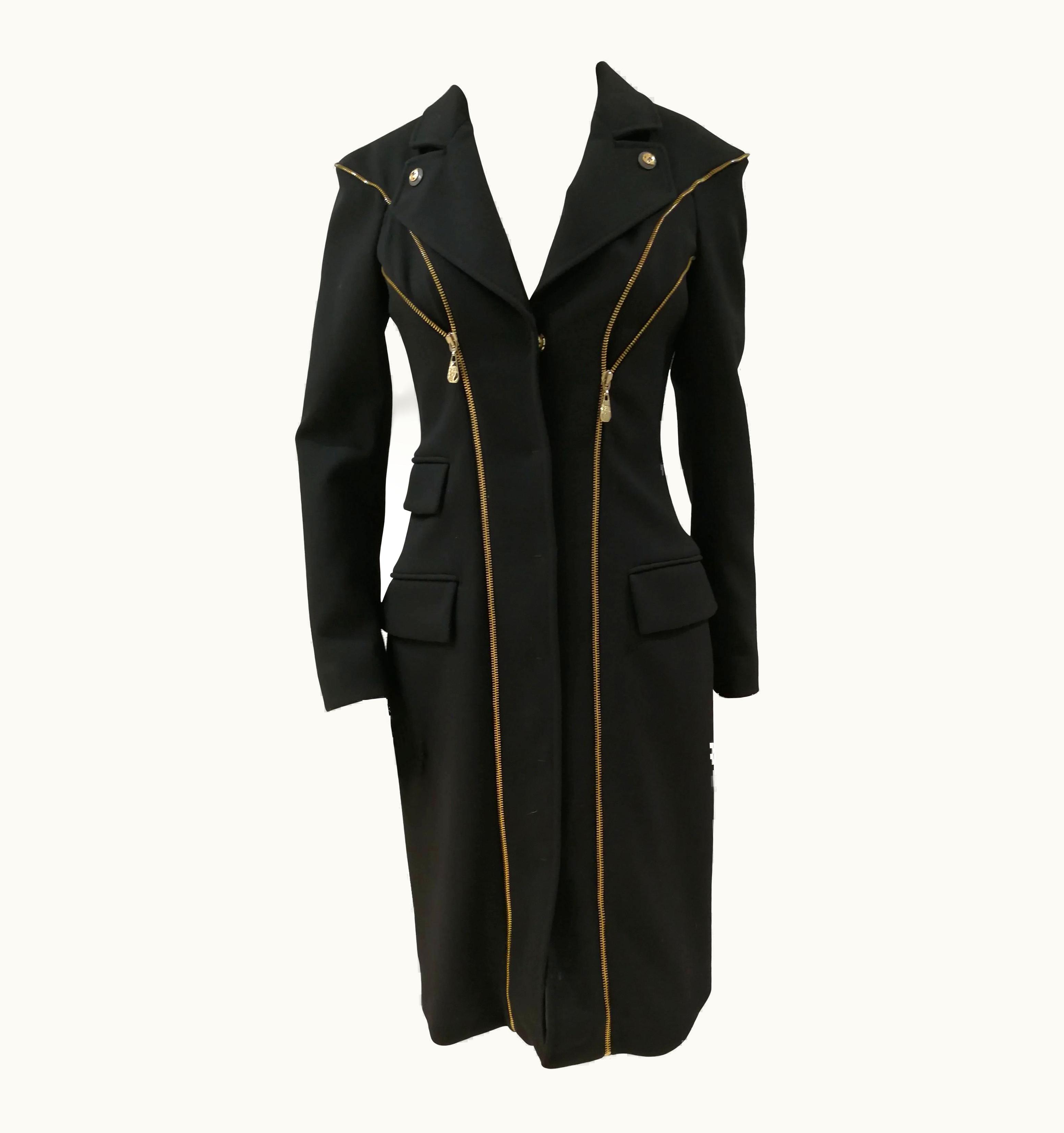 Versace Black Wool Gold Tone Zip Coat