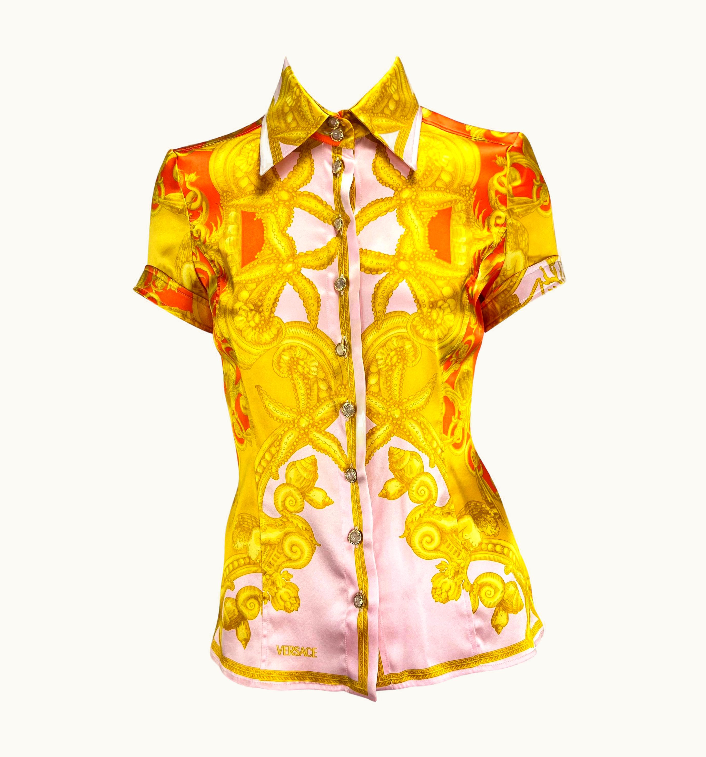 Gianni Versace Couture Nwt S/S 2005 Versace By Gianni Versace Pink Baroque Shell Silk Print Button Top