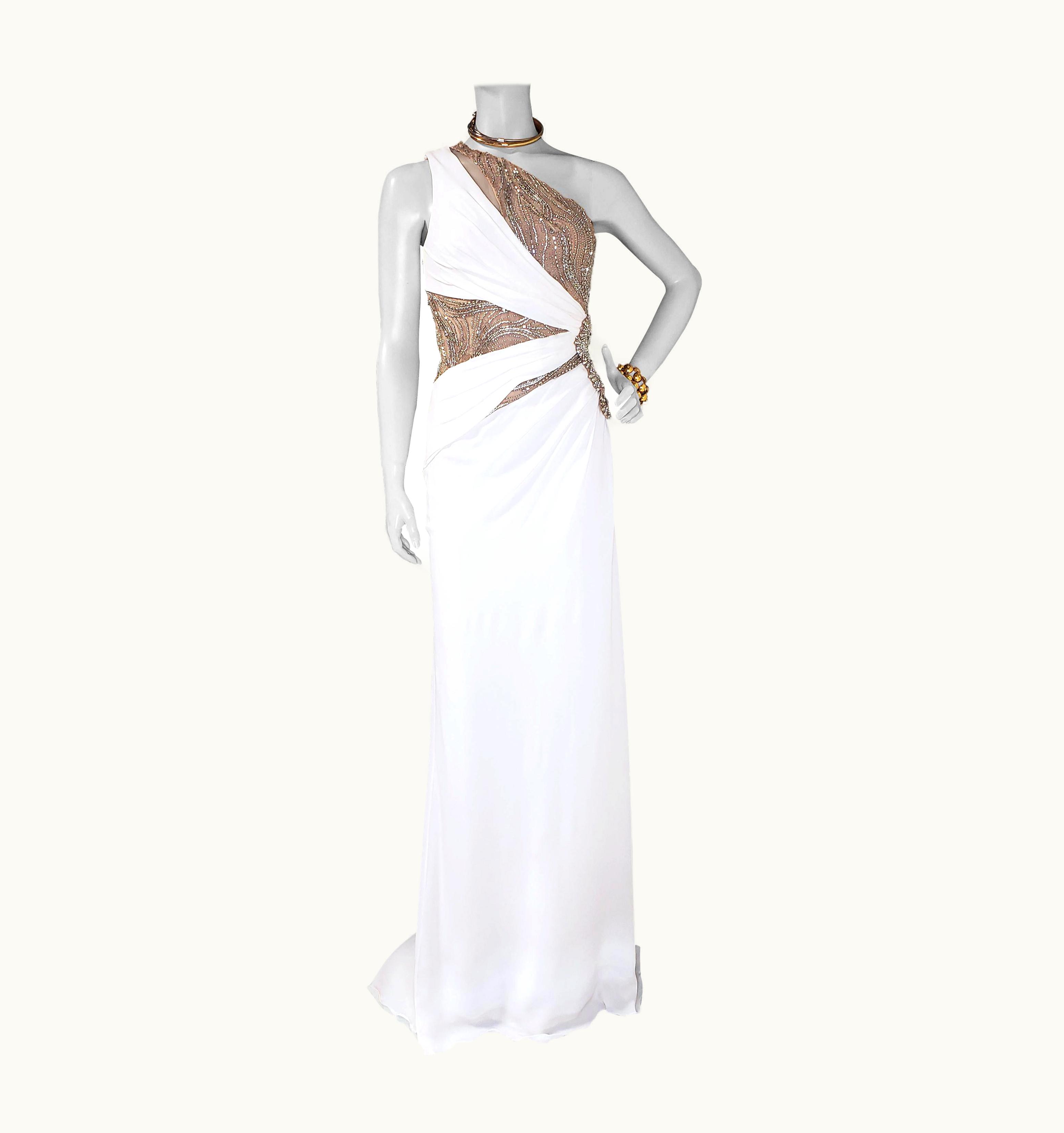 Versace Crystal Embellished White Silk Gown Dress
