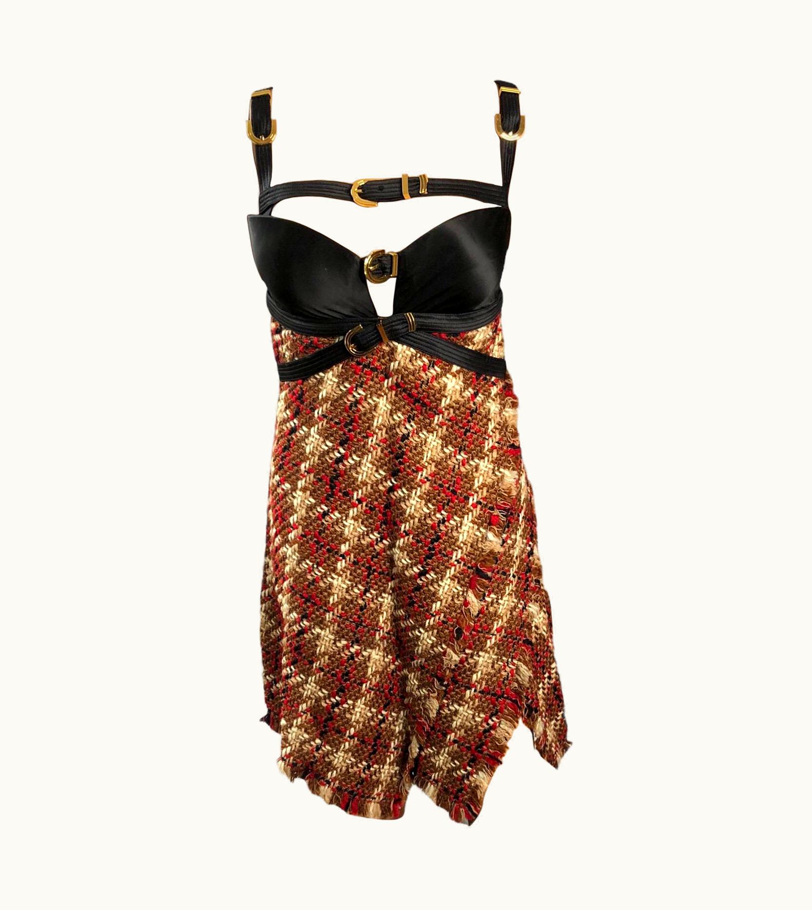 Versace Bondage Buckles Embellished Tweed Mini Dress