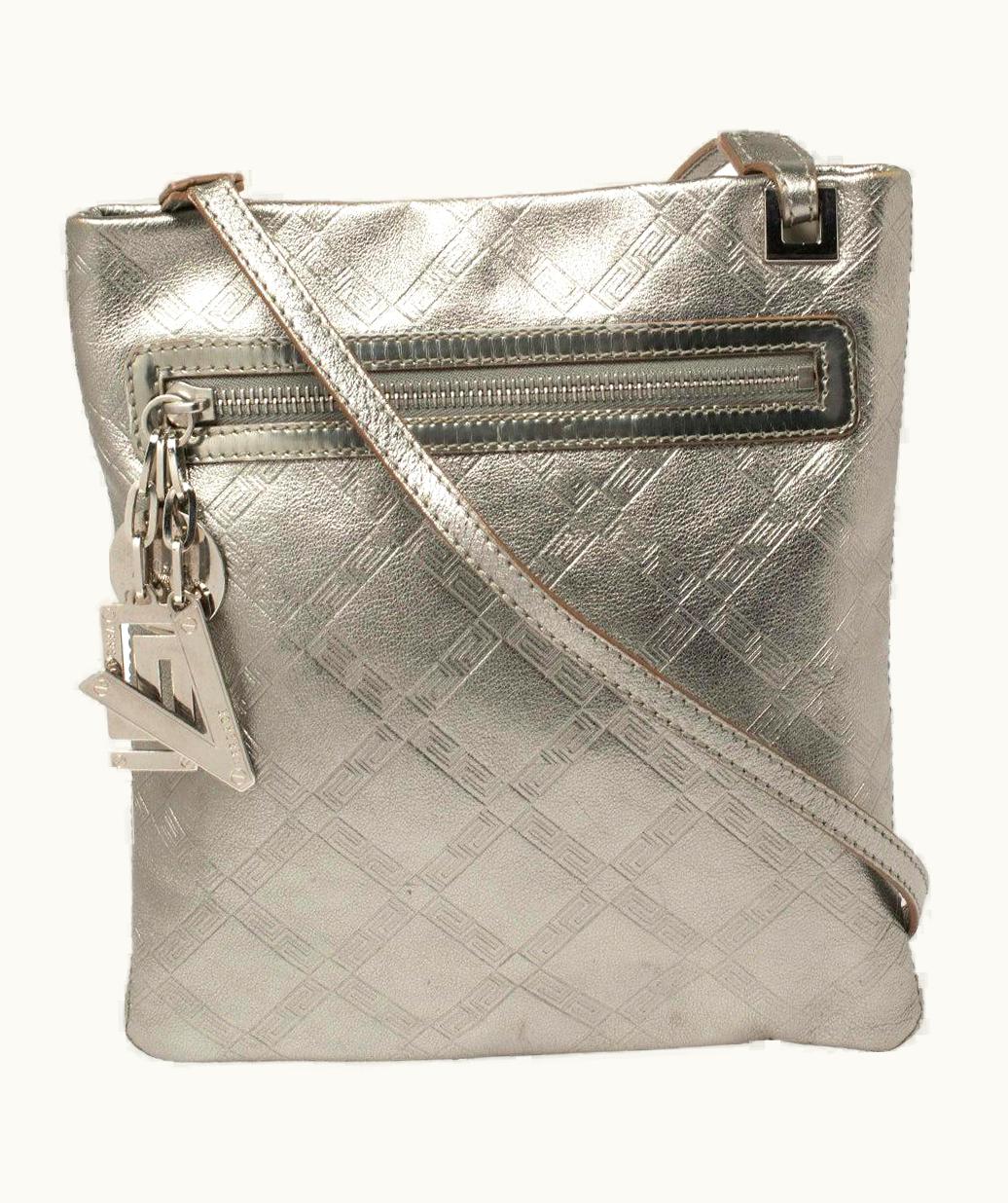 Versace Metallic Silver Leather Slim Crossbody Bag
