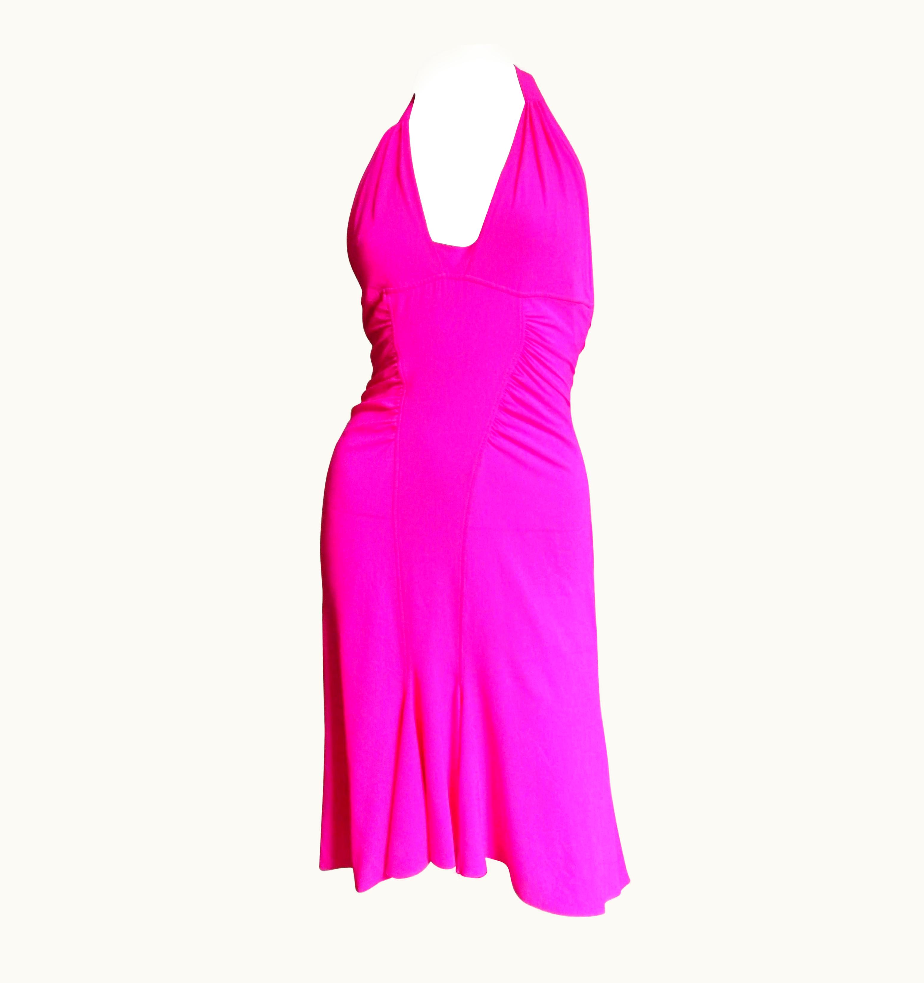 Versace Pink Silk Buckle Waist Halter Dress