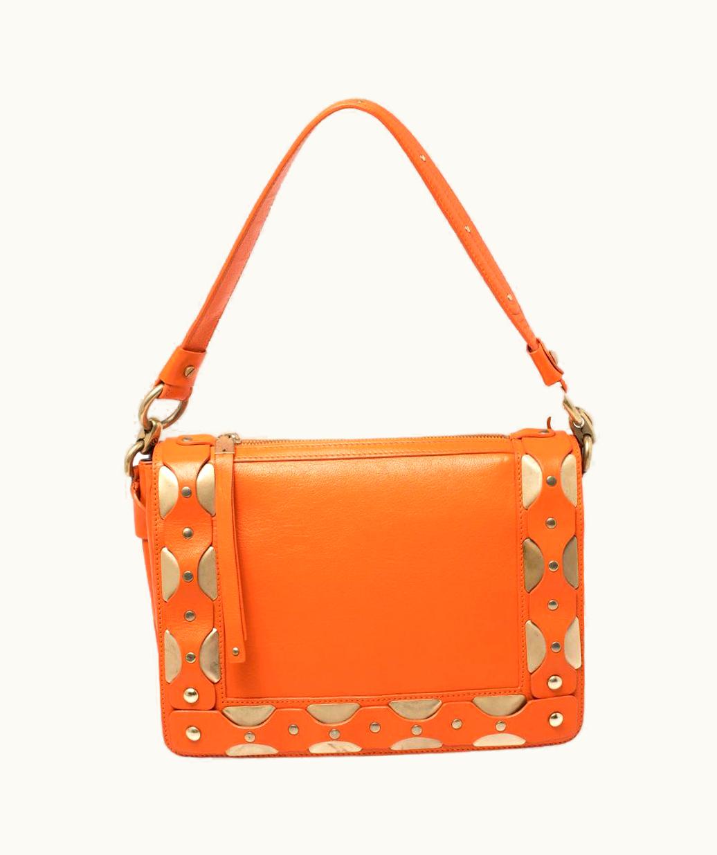 Versace Orange Leather Studded Flap Shoulder Bag
