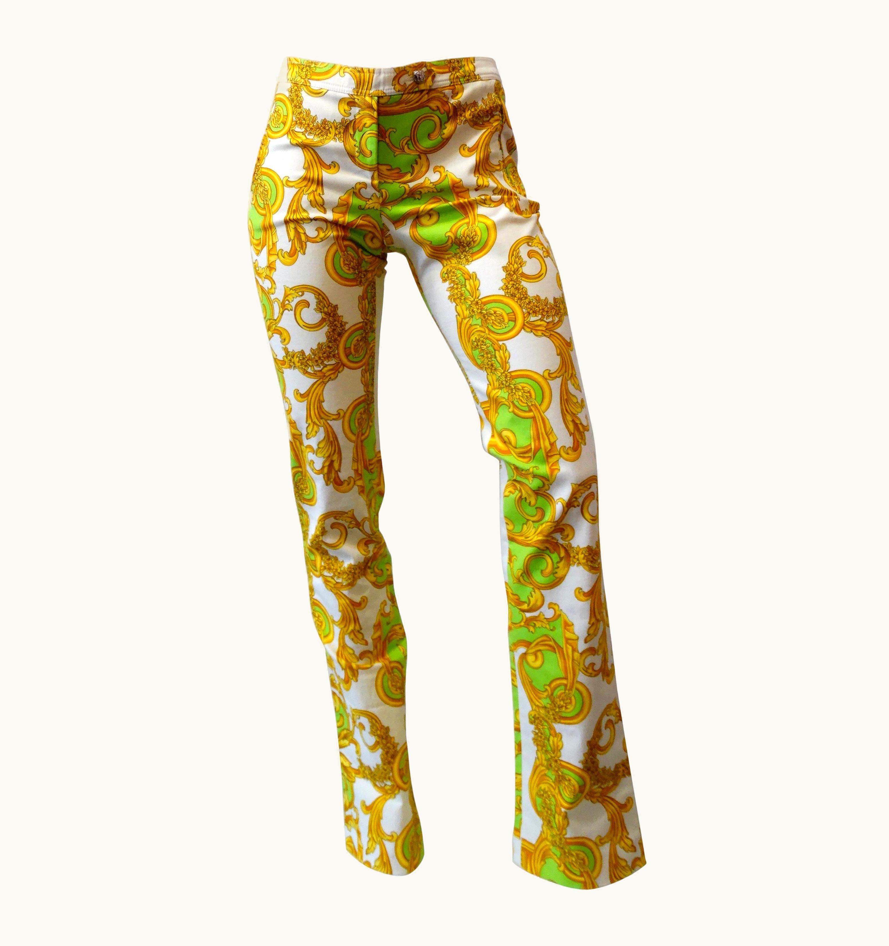 Versace Green And Gold Baroque Printed Pants