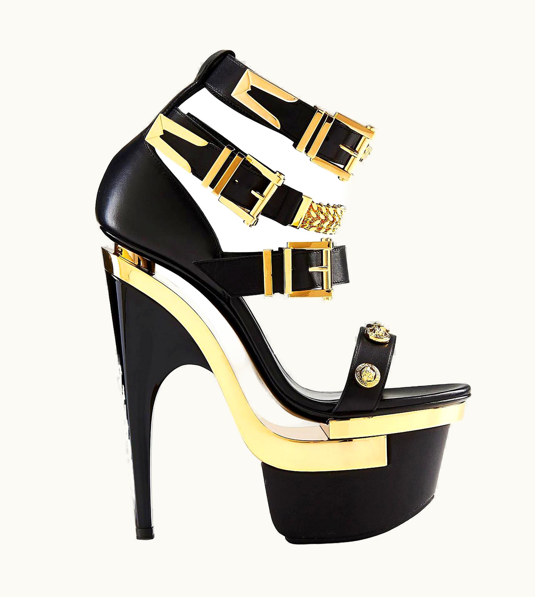 Versace Black Leather Studded Platform Chain Embellished Sandals