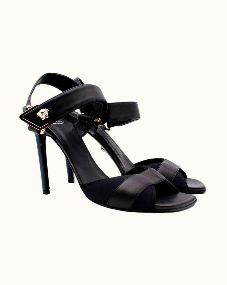 Versace Black Velcro Strap Leather Heeled Sandals