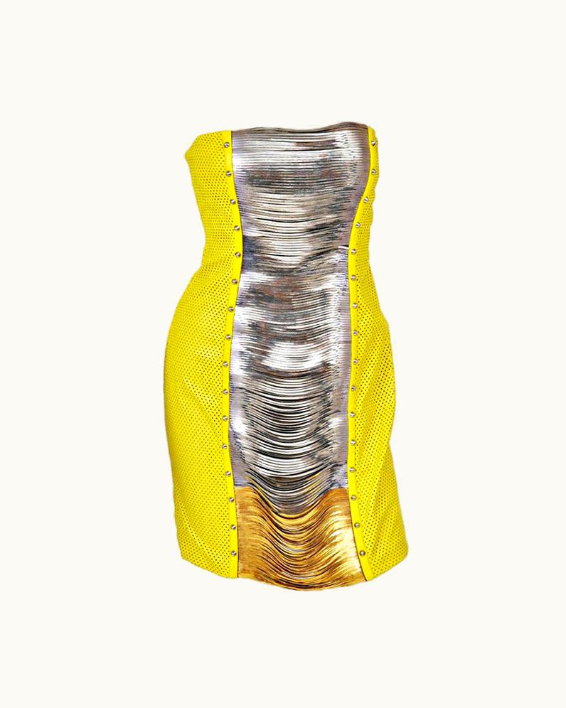 Versace Yellow Leather Metal Panel Dress