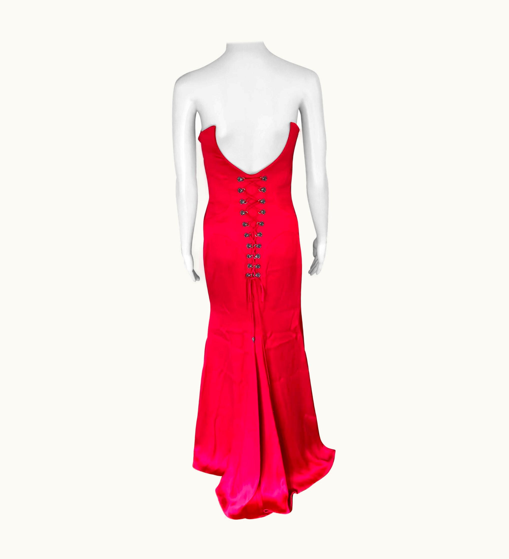 Versace Bustier Corset Satin Red Evening Dress Gown