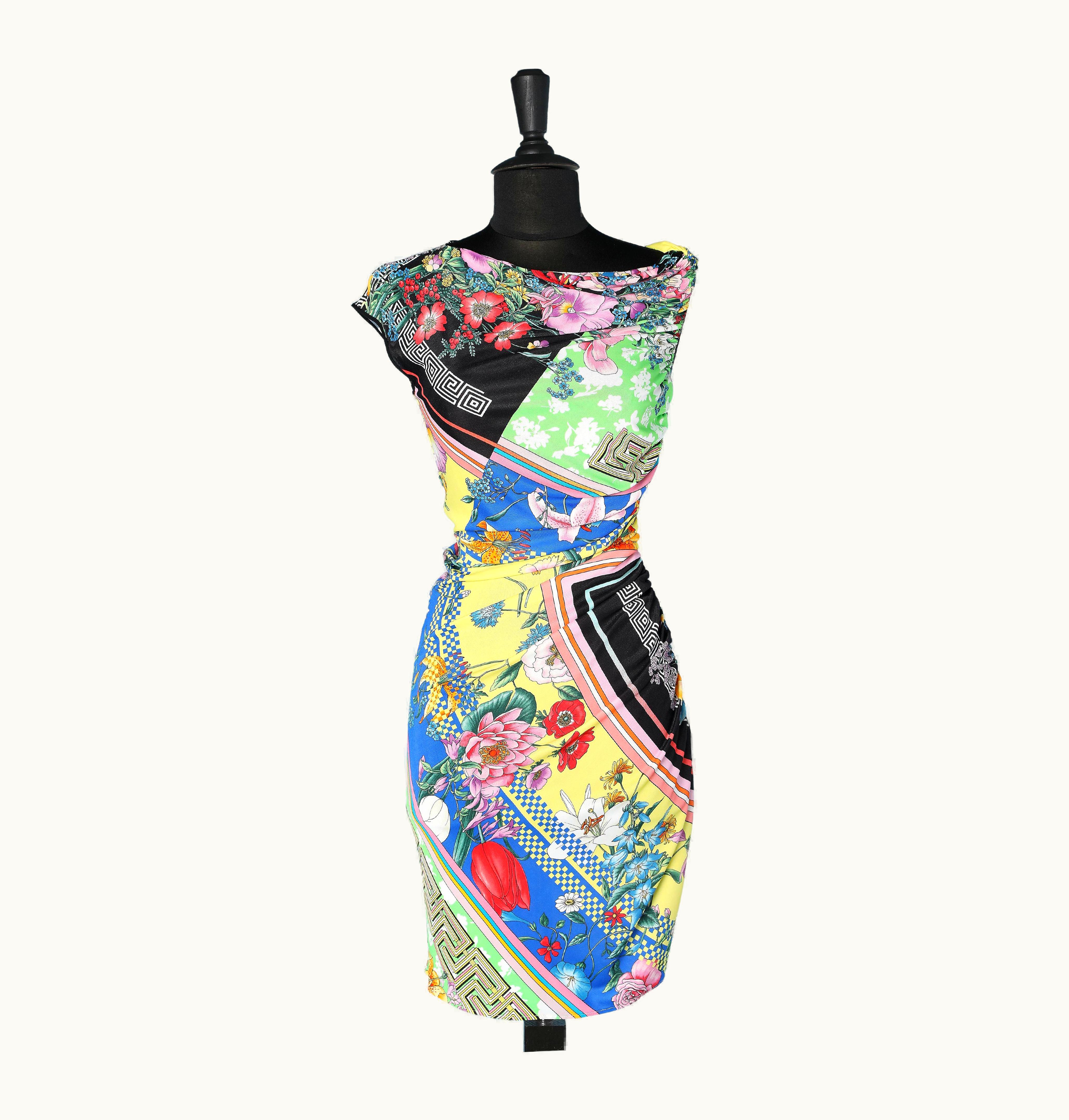 Versace Draped Multicolor Printed Dress In Jersey Versace
