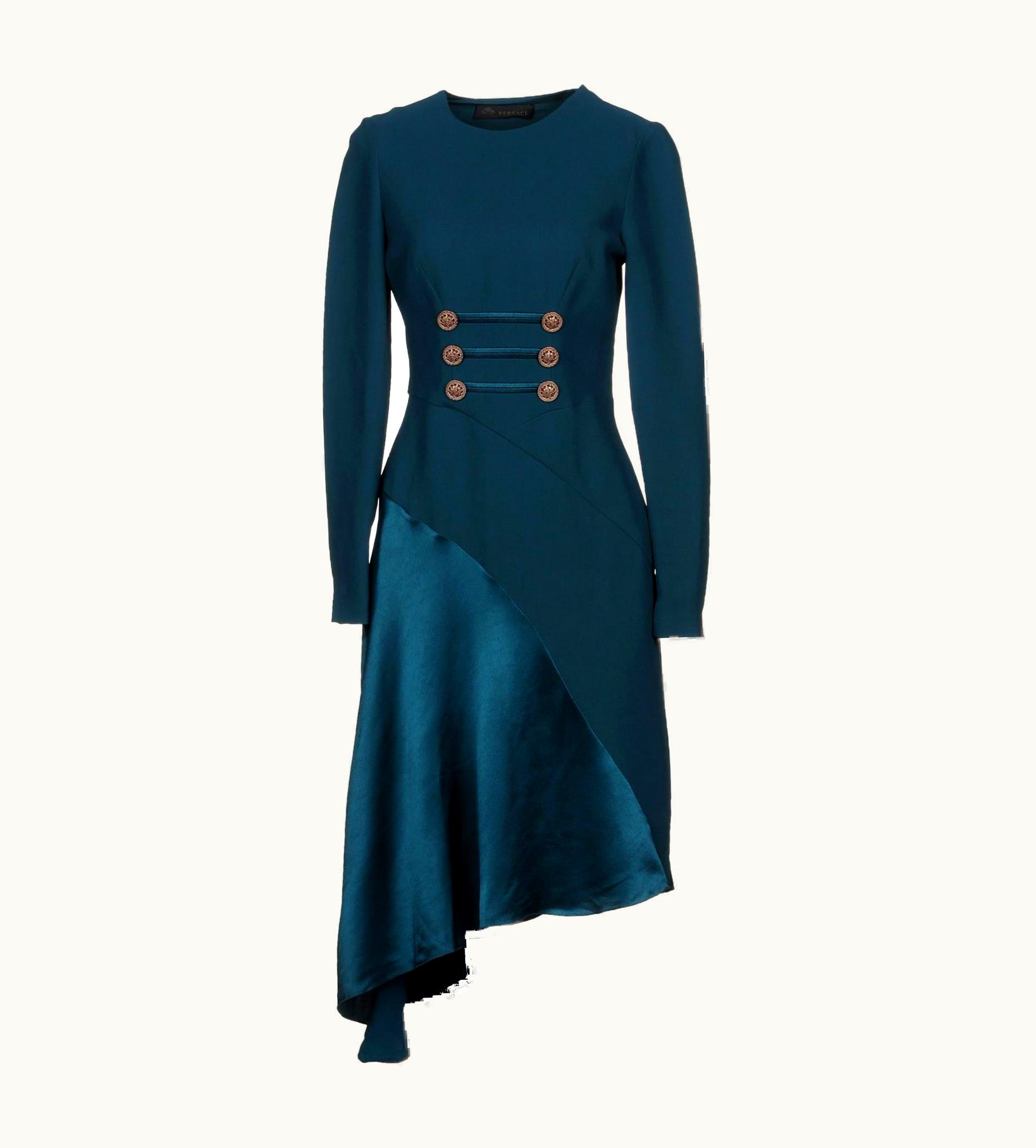 Etro Versace Petrol Blue Silk Military Inspired Dress