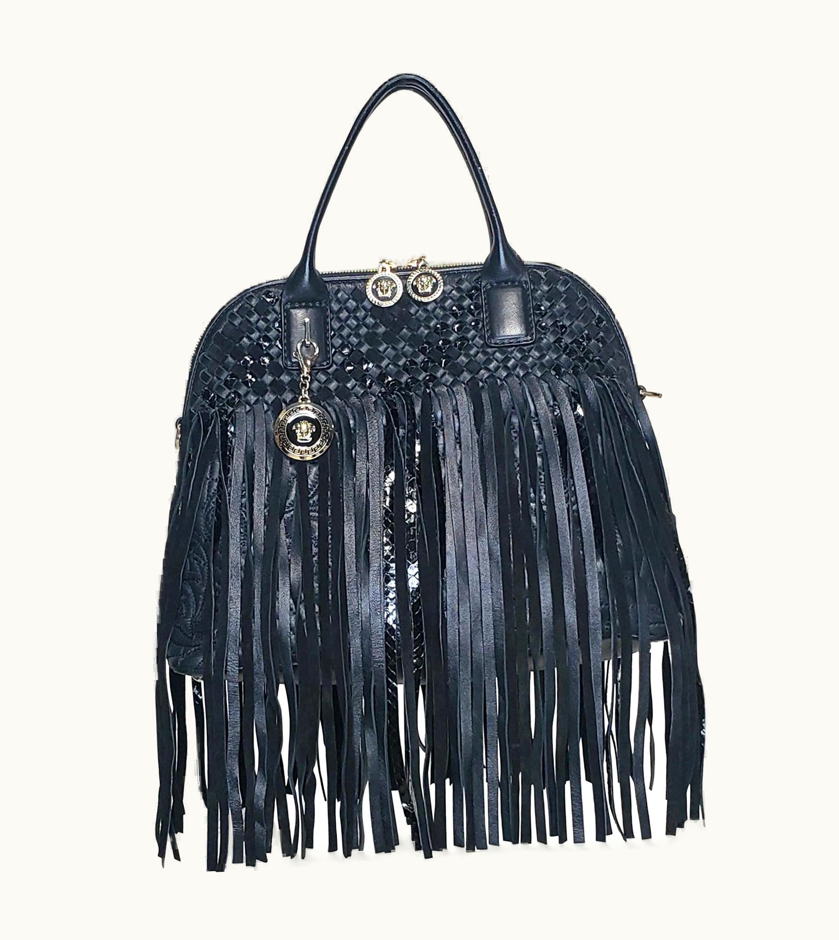 Versace Large Fringed Vanitas Black Handbag/shoulder Bag
