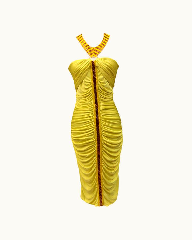 Versace Embellished Ruched Yellow Dress
