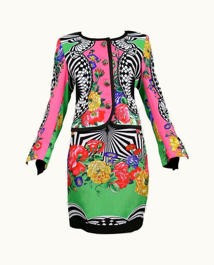 Versace 2 Op Art Floral Skirt Ensemble 1992