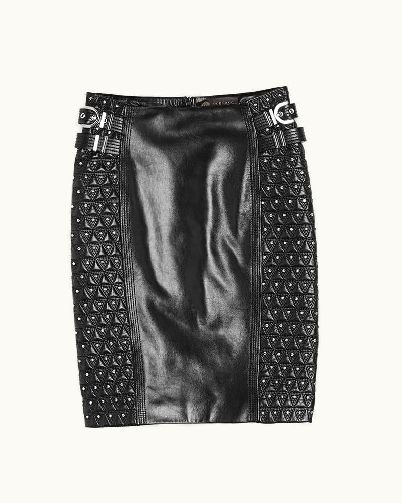 Versace Studded Black Leather Moto Pencil Skirt