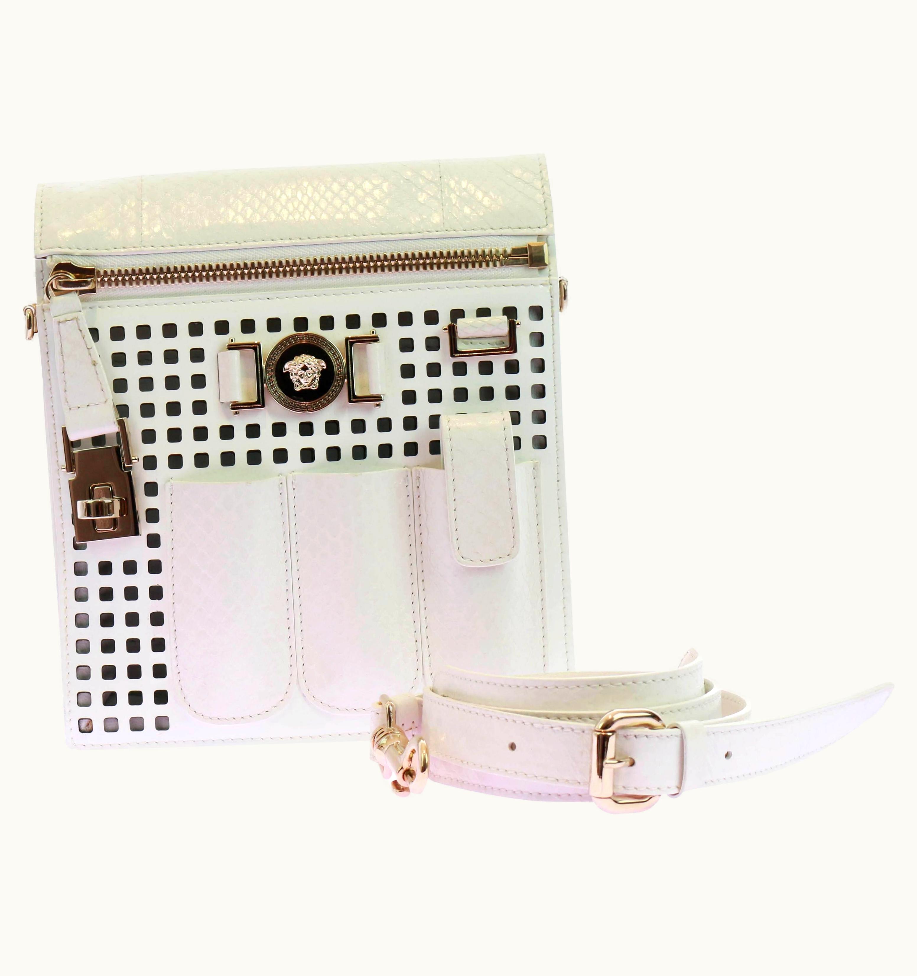 Versace Perforated Patent Leather White Crossbody Bag