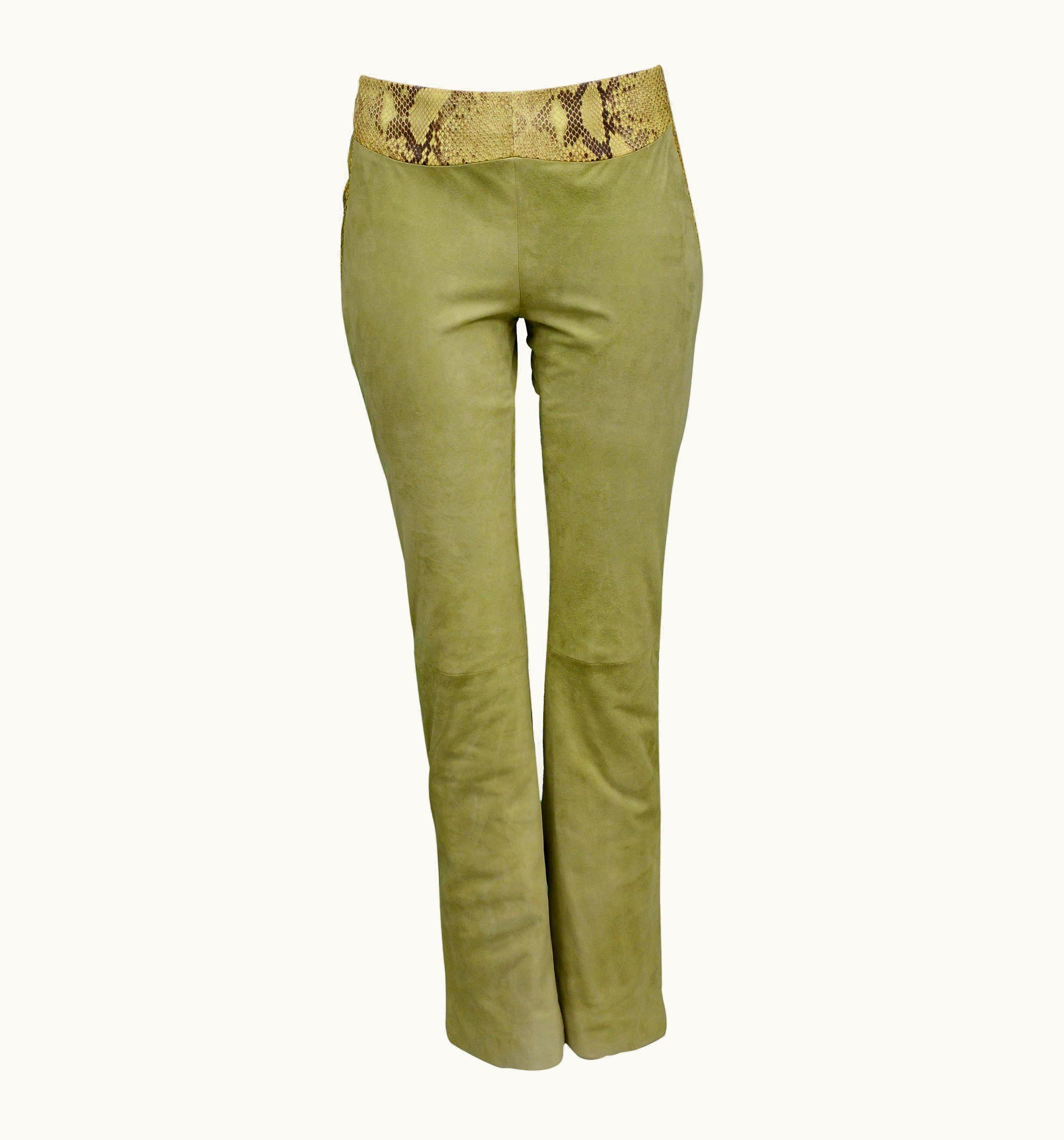 Versace Stunning Versace Green & Snake Print Suede & Leather Pants