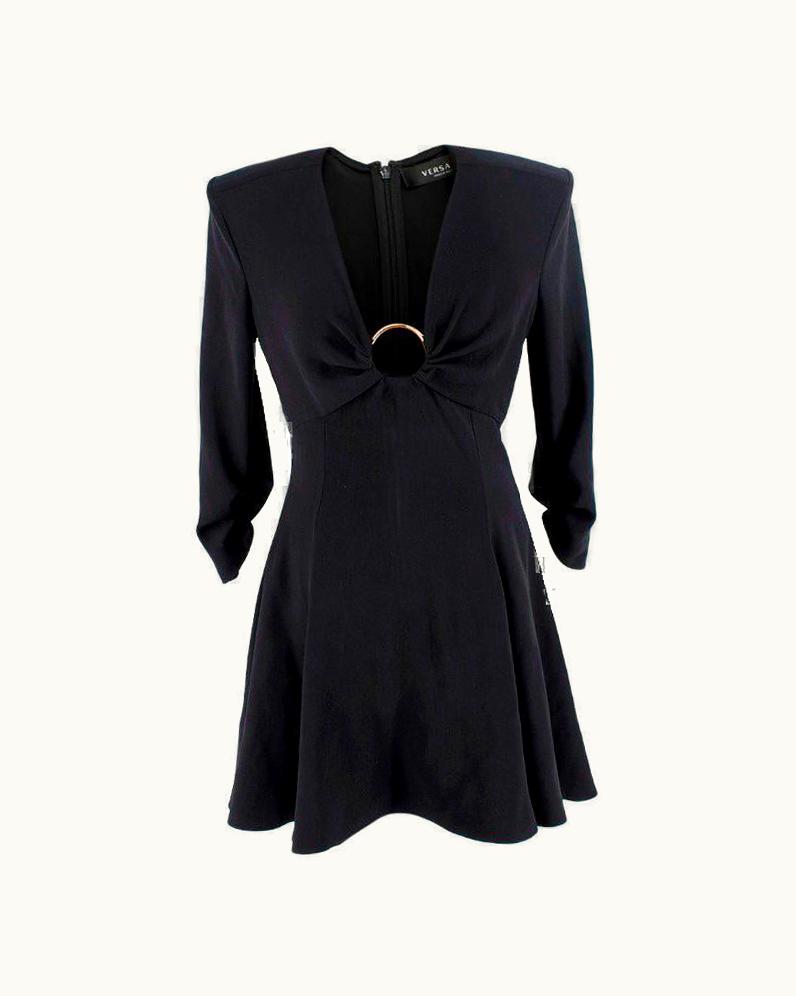 Versace Black Deep V Structured Shoulder Mini Dress
