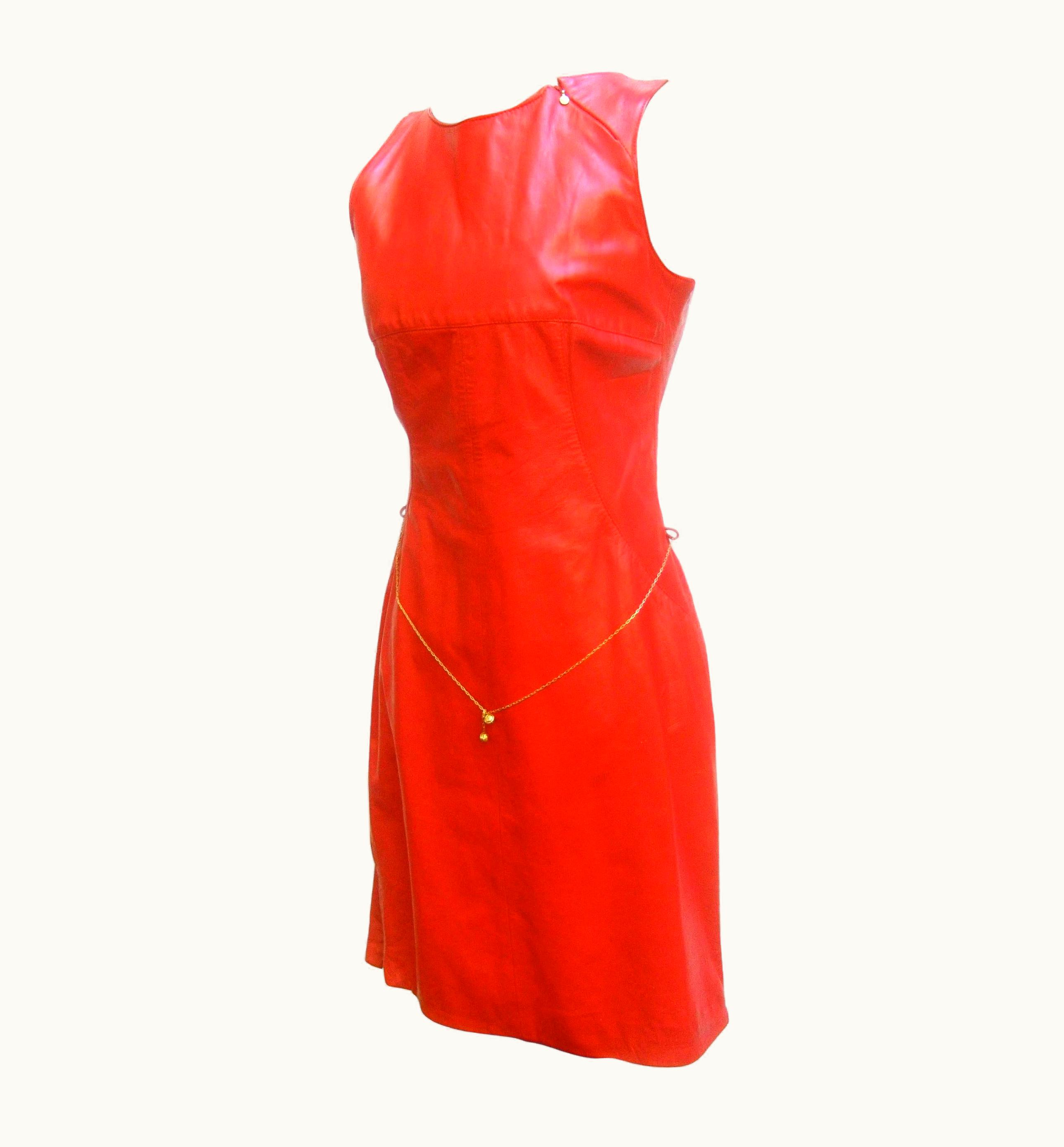 Versace Cherry Red Leather Dress With Gilt Belt