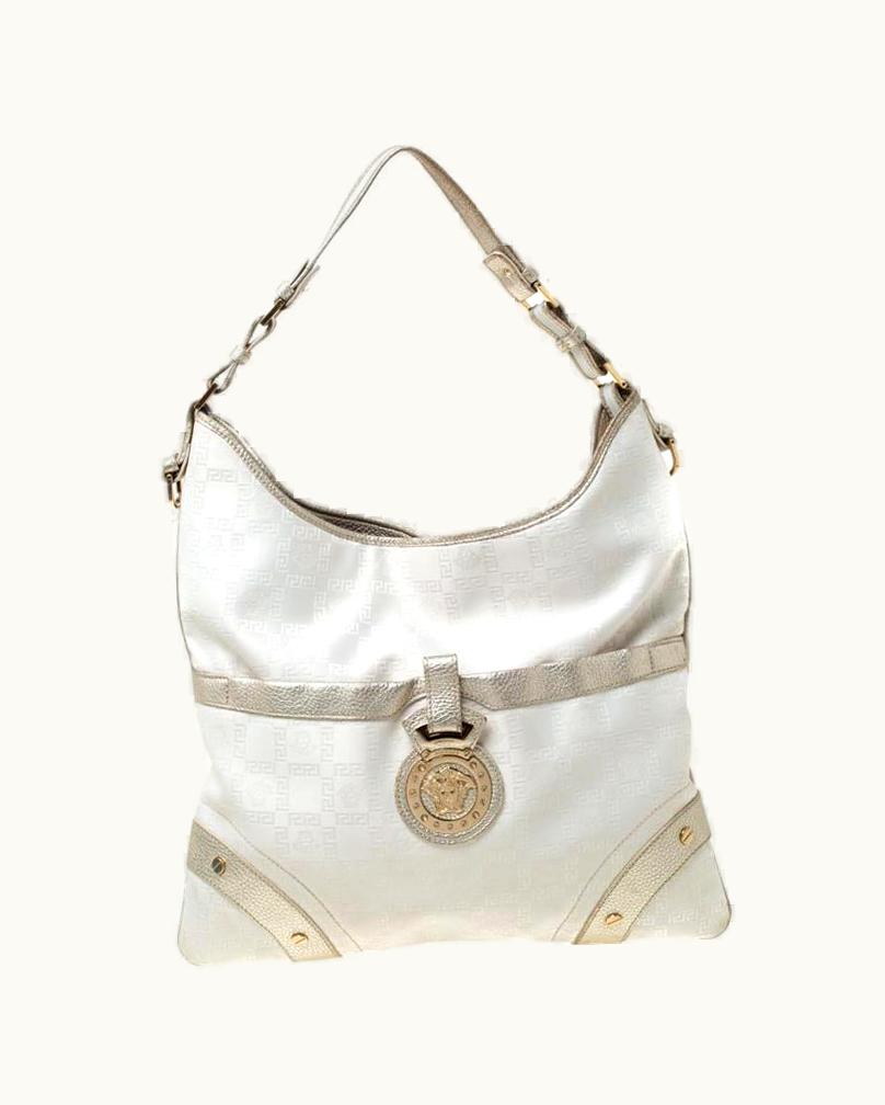 Versace White/Silver Signature Fabric And Leather Hobo