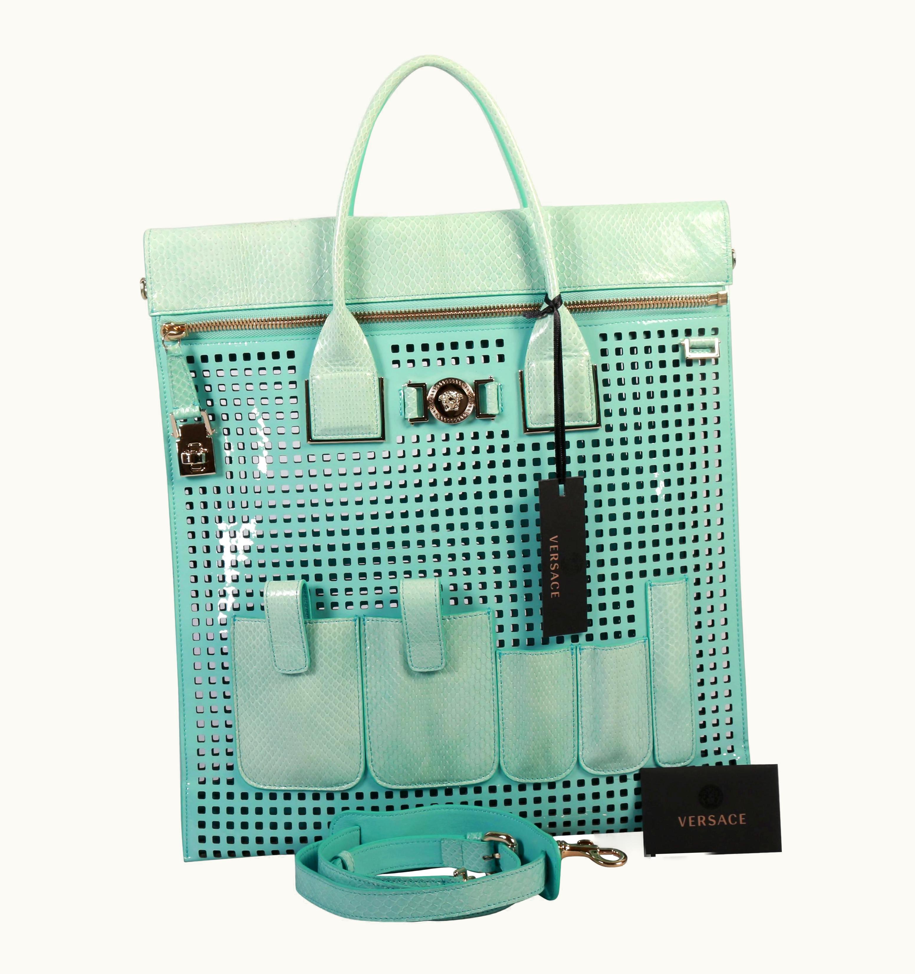 Versace Perforated Patent Leather And Snakeskin Bag