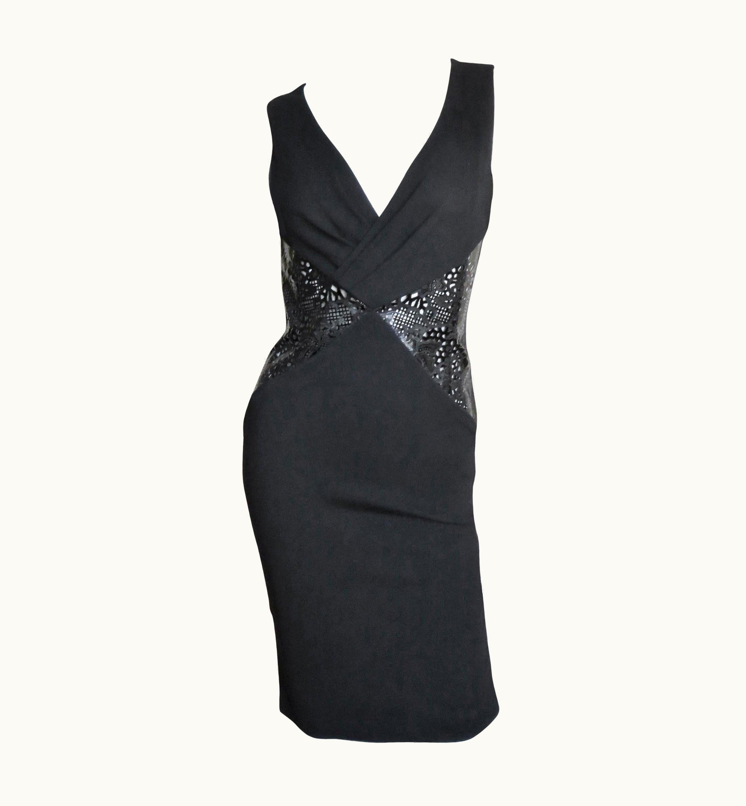 Versace Bodycon Laser Cut Patent Leather Waist Dress