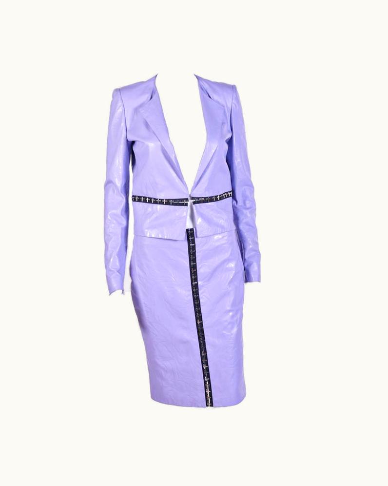 Versace Floral Embossed Lilac Leather Jacket And Skirt