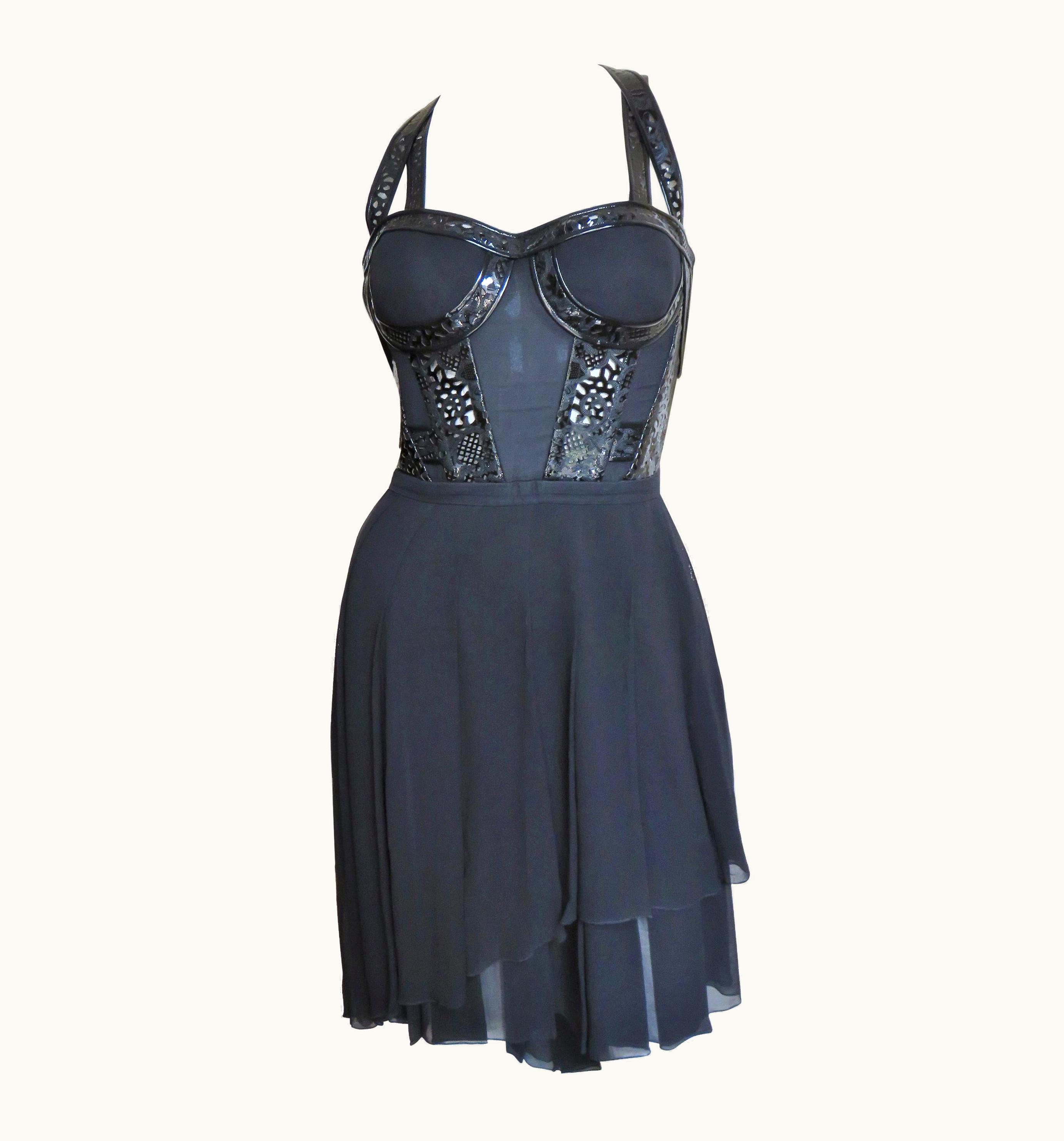 Versace Silk Bustier Dress With Patent Leather Trim