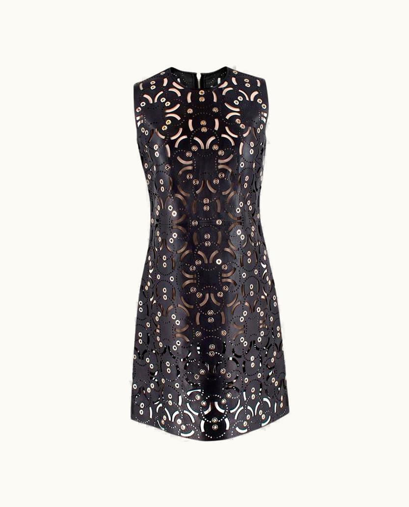 Versace Black Leather Laser-Cut Eyelet Embellished Dress UZ0576398
